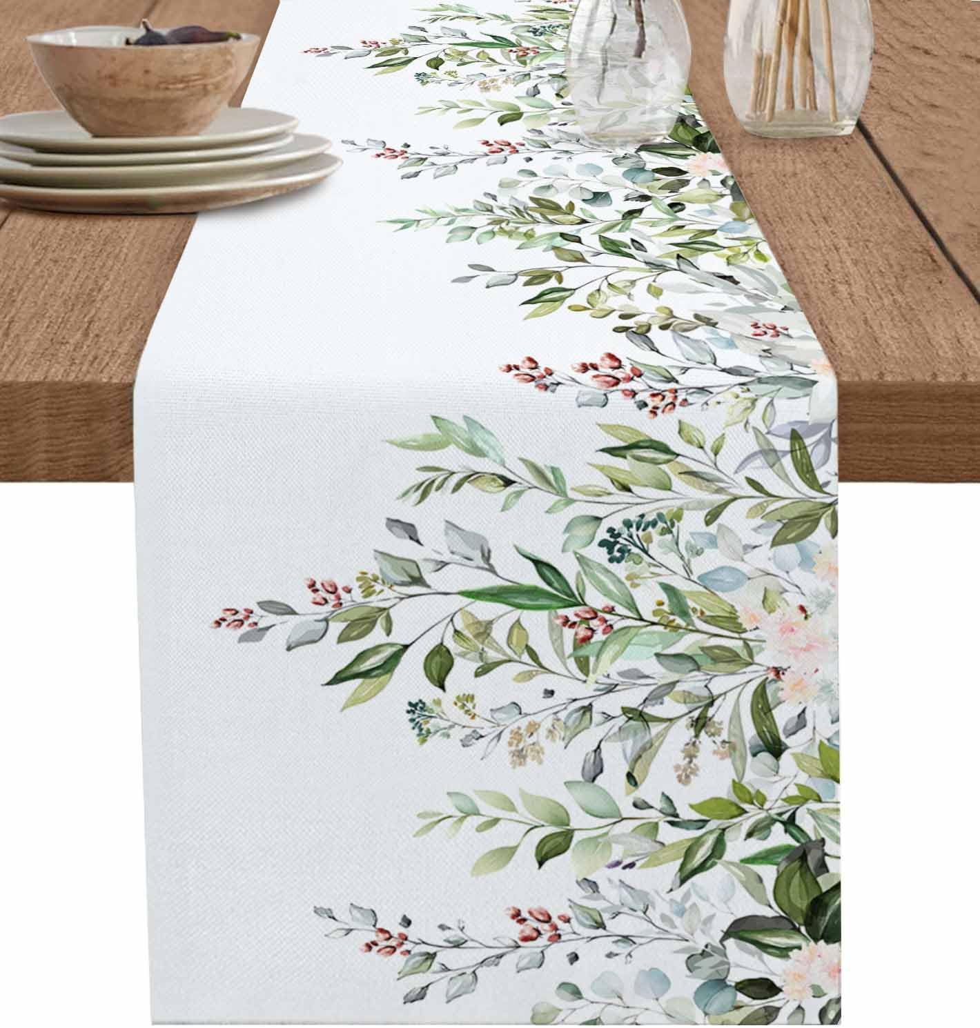 Botanical Eucalyptus Cotton Linen Table Runner for Dining Kitchen, Wedding Outdoor Party Tablerunners Decoration, Sage Green Leaves Elegant Floral Dresser Scarf Coffee Tablecloth Runners 13x48 Inches