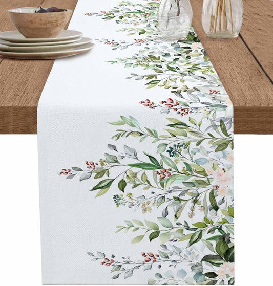 Botanical Eucalyptus Cotton Linen Table Runner for Dining Kitchen, Wedding Outdoor Party Tablerunners Decoration, Sage Green Leaves Elegant Floral Dresser Scarf Coffee Tablecloth Runners 13x108 Inches