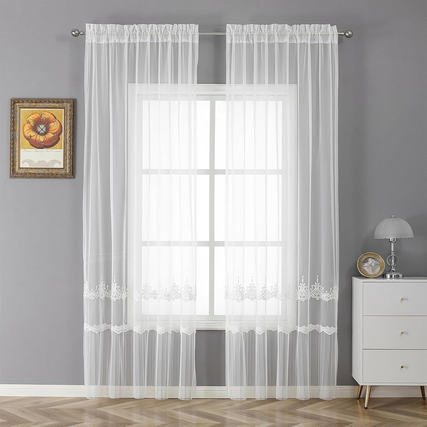 VISIONTEX White Sheer Voile Curtains, Decorative White Embossed European Rod Pocket Window Drapes for Home Kitchen, Living Room and Bedroom 54 x 63 Inch, Set of 2 Curtain Panels