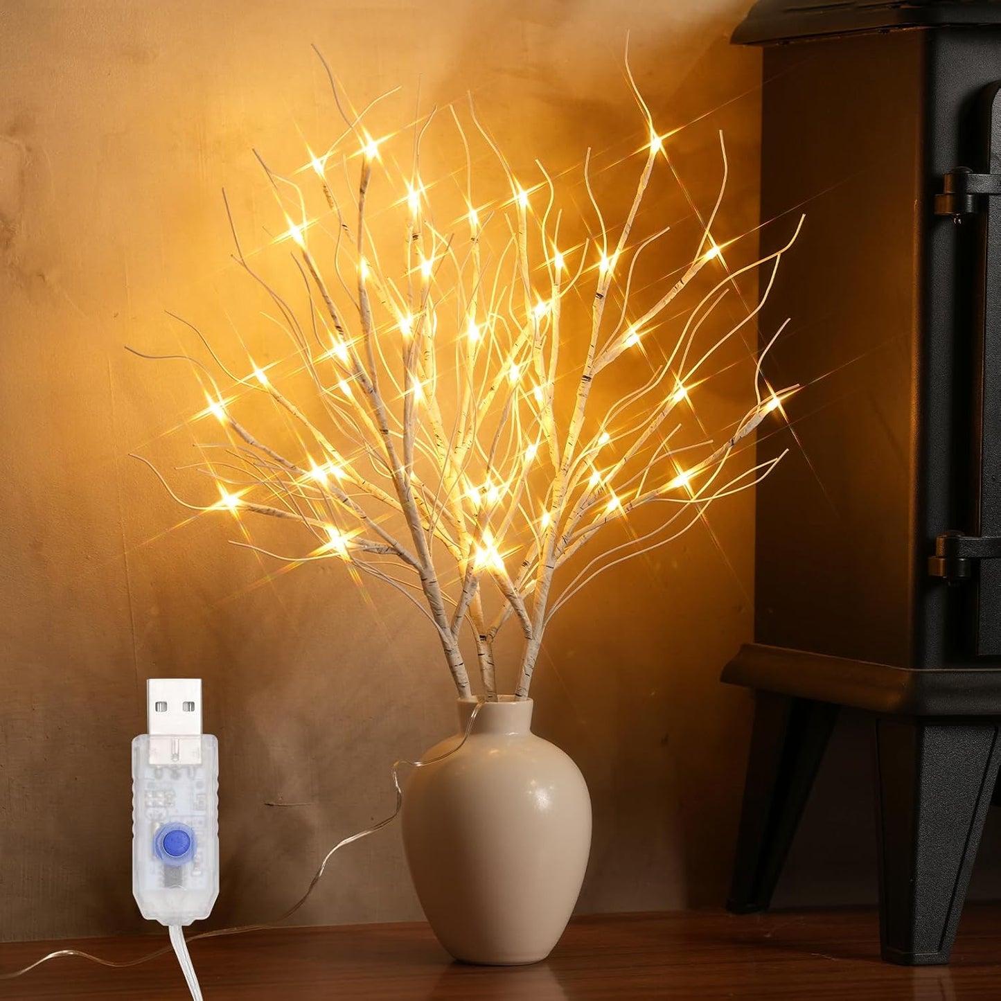 Lighted Artificial Birch Branch Tree Fairy Lights Holiday Decor,3PK 19.7in 48 LED;USB Powered,Warm White Branch with Lights for Christmas Holiday Wedding Party Decoration,Timer