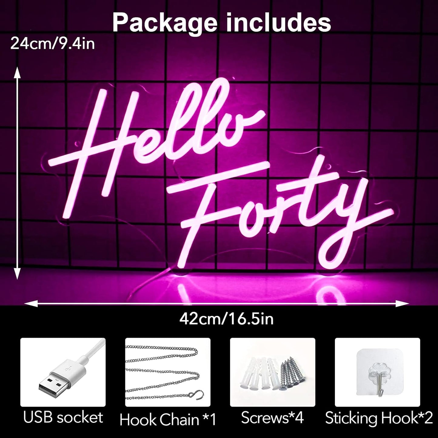 Hello Forty Neon Sign 40th Birthday Dimmable Neon Sign Pink Letters Neon Lights For Bedroom Decor USB Hanging Sign For Home Apartment Office Beauty Salon Decor