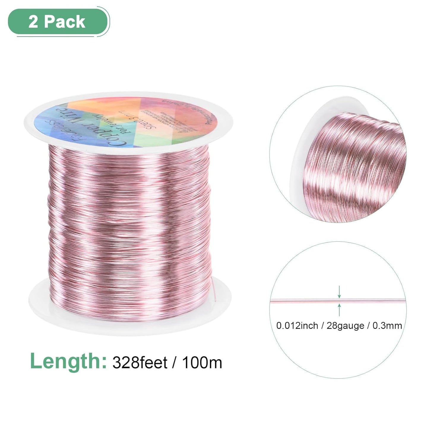 2-Rolls 0.3mm Jewelry Wire, 28 Gauge 328FT Craft Wire Copper Beading Wire for Jewelry Making/Planting/Weaving/DIY Crafting, Soft Metal Wires [100M, Rose Golden]