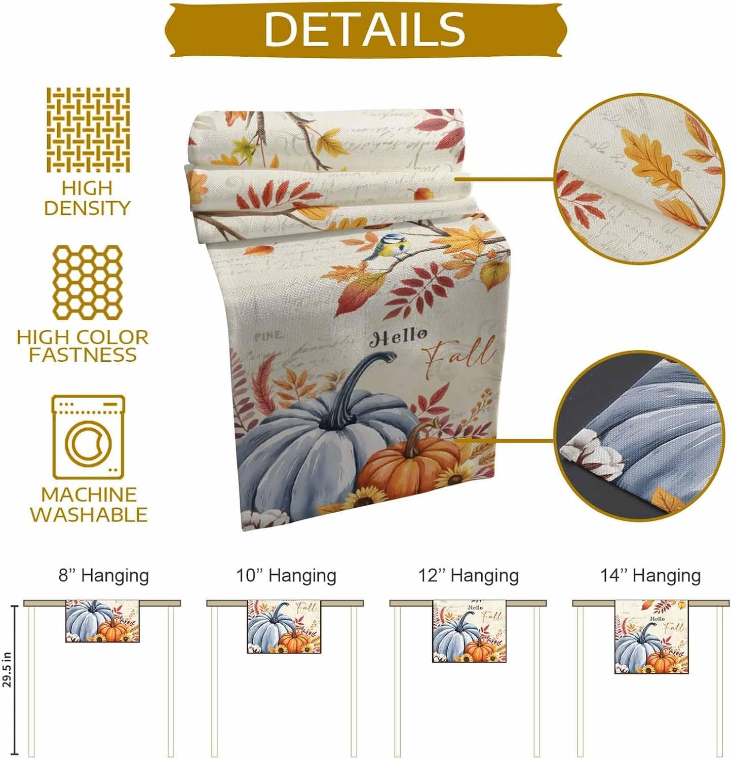 Thanksgiving Fall Cotton Linen Table Runner for Dining Kitchen, Blue Pumpkins Rustic Wedding Outdoor Party Autumn Tablerunners Decoration, Leaves Dresser Scarf Coffee Tablecloth Runners 13x48 Inches