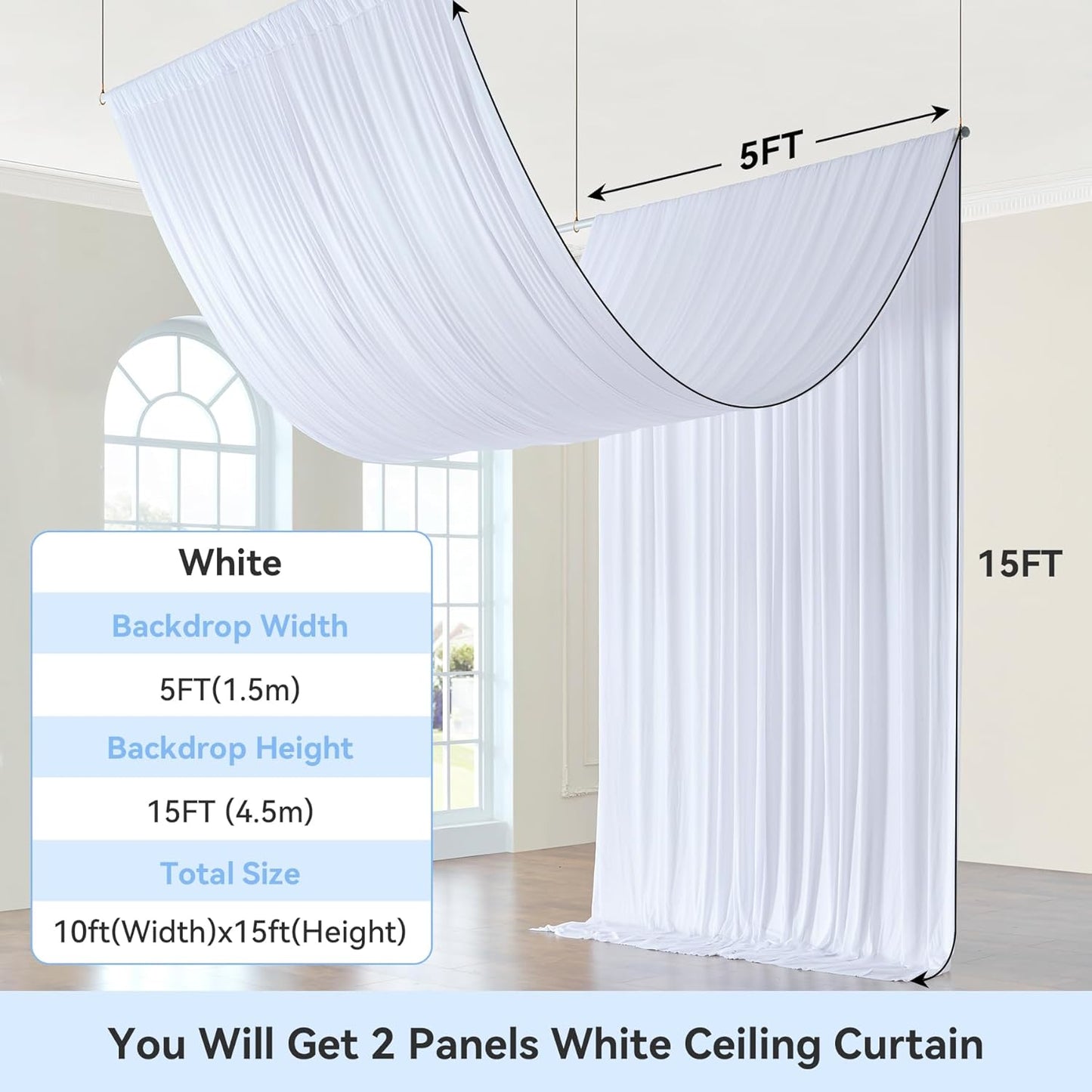 10ft x 15ft White Wrinkle Free Backdrop Curtains for Parties,Silky Polyester Fabric Wedding Ceiling Drapes, 2 Panels 15ft Photo Back Drop Drapes for Baby Shower Photography Stage Background Cloth