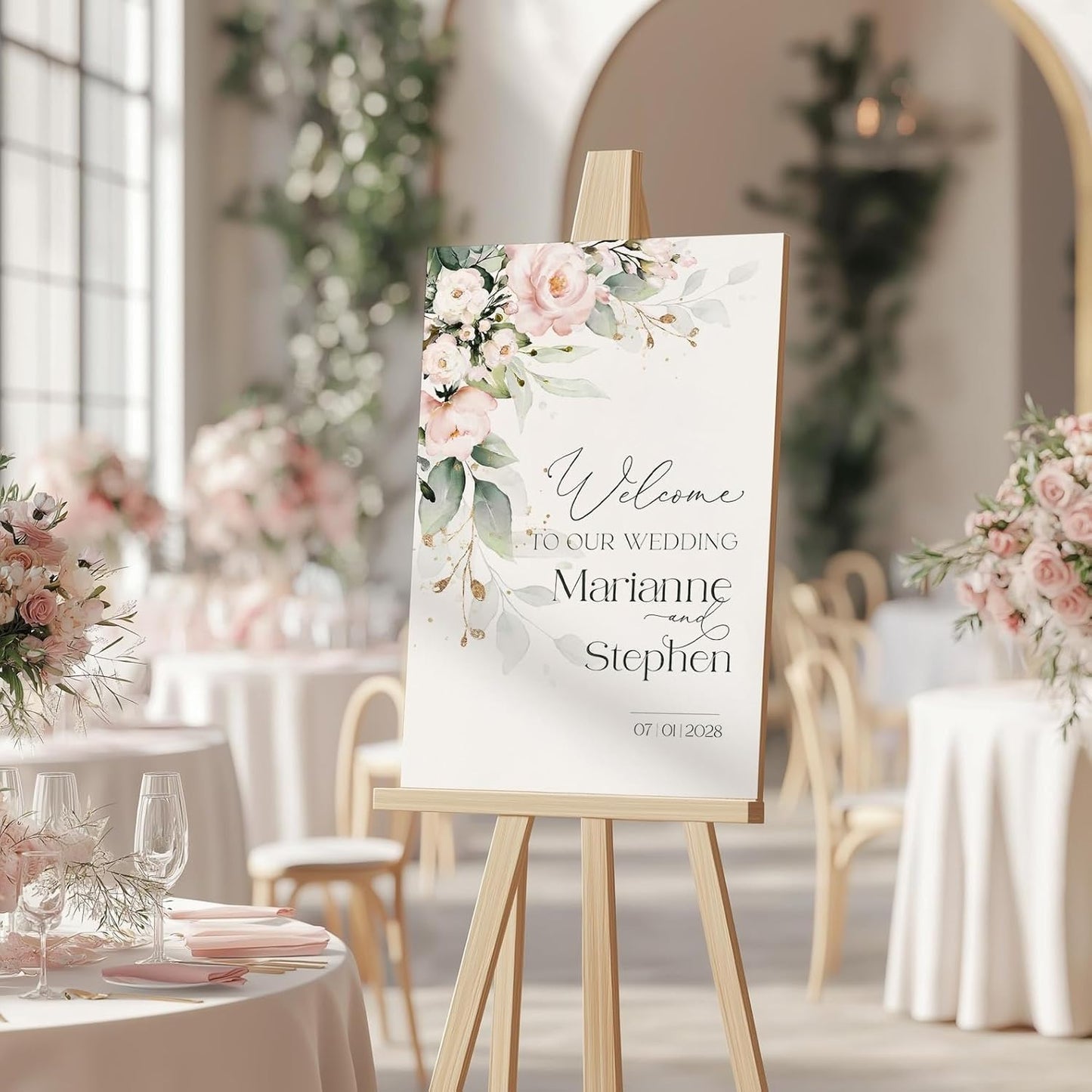 Personalized Wedding Welcome Sign, Blush Pink Floral Wedding Sign Signage 12" X 18" (Small), 27" (Medium), 36" (Large), Plastic, Modern, Pole Mount, Weather