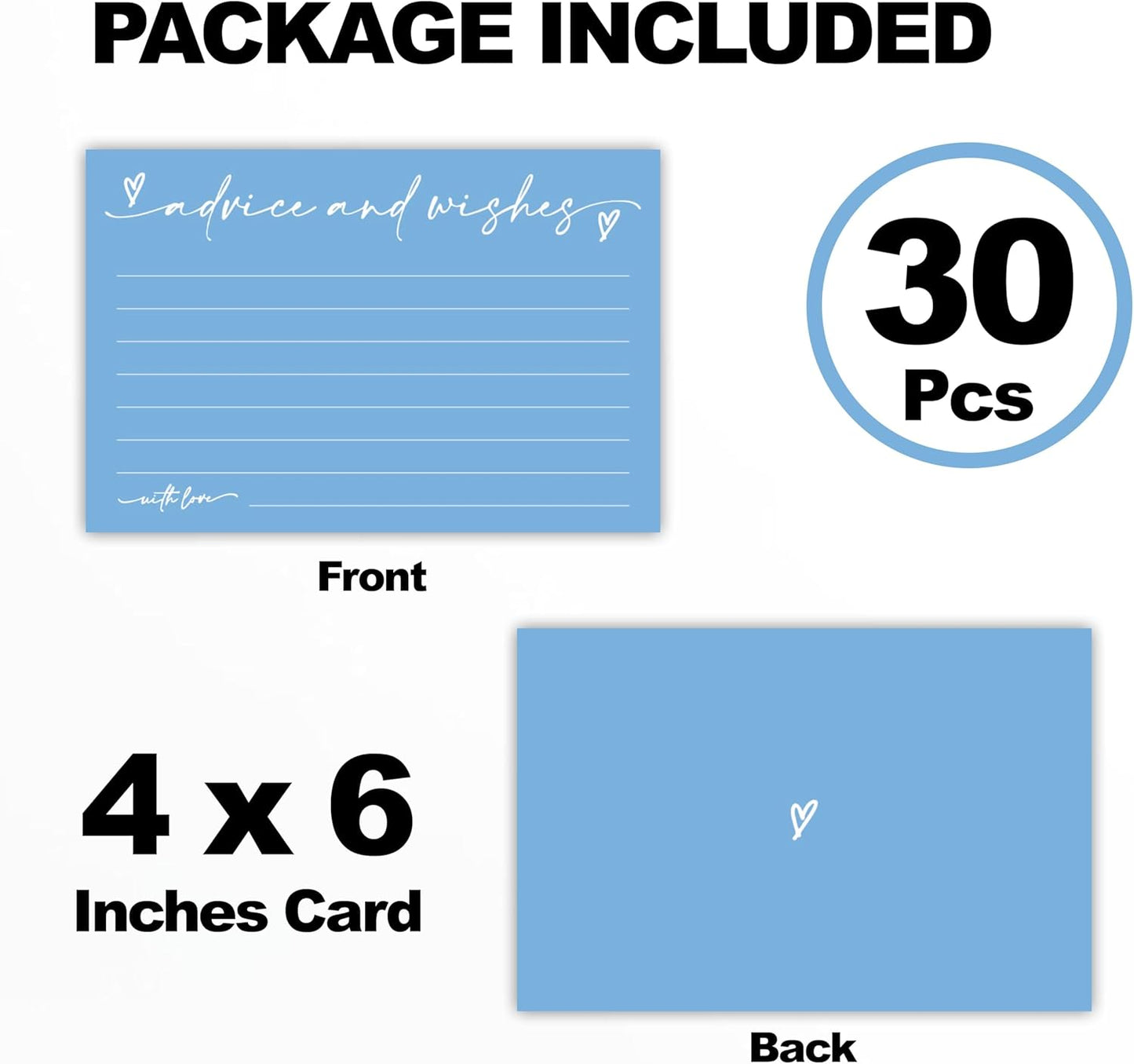 30 Advice & Wishes Cards - Sky Blue - Double Sided Fill-In Advice Cards For Bridal, Wedding, Graduate Party, Mr & Mrs, Retirement, Baby Shower, Party Favor & Supplies - B04