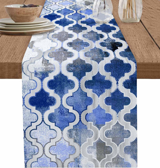 Blue Morocco Plaid Cotton Linen Table Runner for Dining Kitchen, Wedding Outdoor Party Tablerunners Decoration, Distressed Abstract Painted Vintage Dresser Scarf Coffee Tablecloth Runners 13x48 Inches