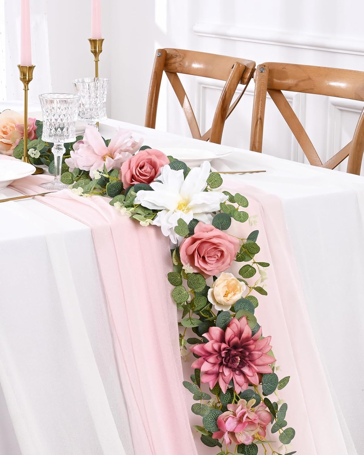 Waipfaru 8.85Ft Flower Garland, Eucalyptus Greenery Garland with Flowers, Pink Rose Floral Vines for Wedding Reception Table Mantle Room Spring Summer Decor (Pink)