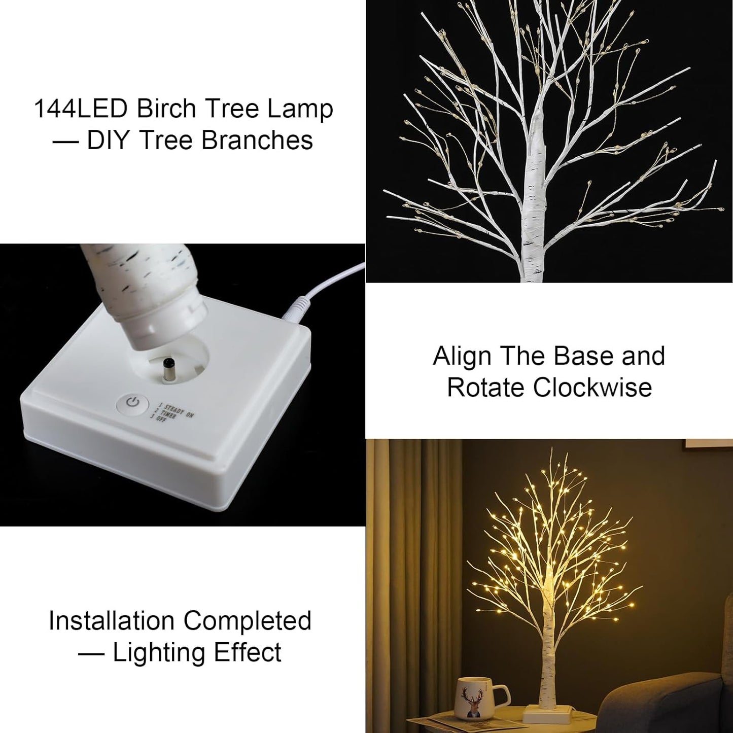 144 LED Birch Tree Lights with Remote Control, DIY Artificial Tree Lamp with Timer, Twinkle Lighted Tree 3 AA or USB Powered, Fairy Light Spirit Tree for Bedroom Easter Decor (White)
