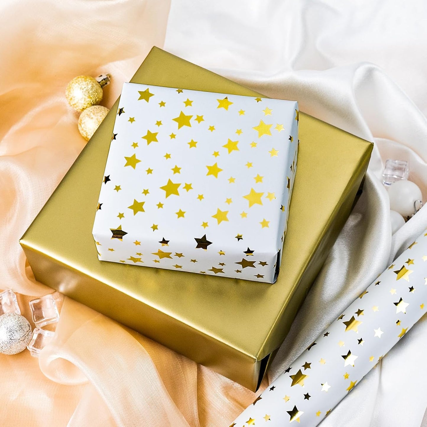 Burymento Gold Foil Five-Pointed Star Wrapping Paper, Reversible Gold Gift Wrap for Birthday, Valentines, Mothers day, Graduation, Wedding, Fathers day, Baby Shower, Christmas (17in x 32.8ft)