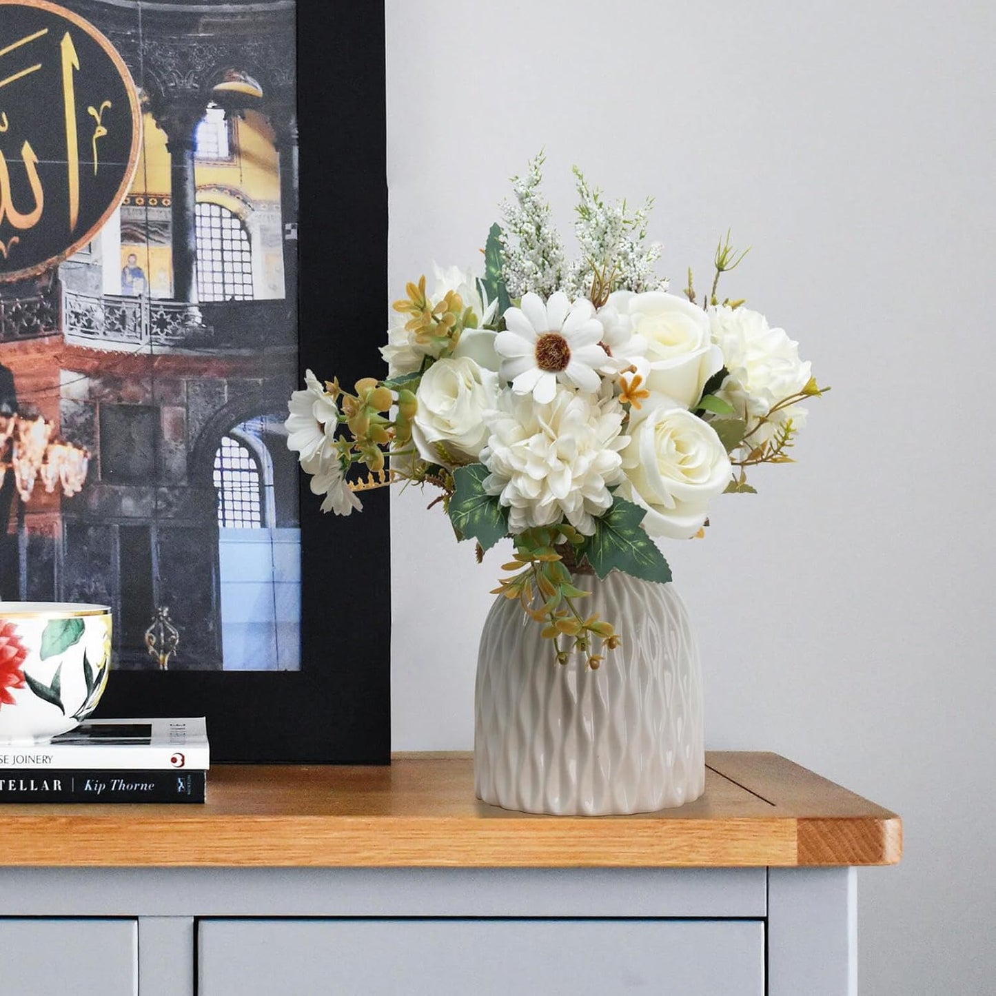 Epicpetal Fake Flowers in Vase, Artificial Pink Flowers in Vase for Decoration Faux Flowers Fake Floral for Home Decor Indoor Dining Table Centerpiece (White)