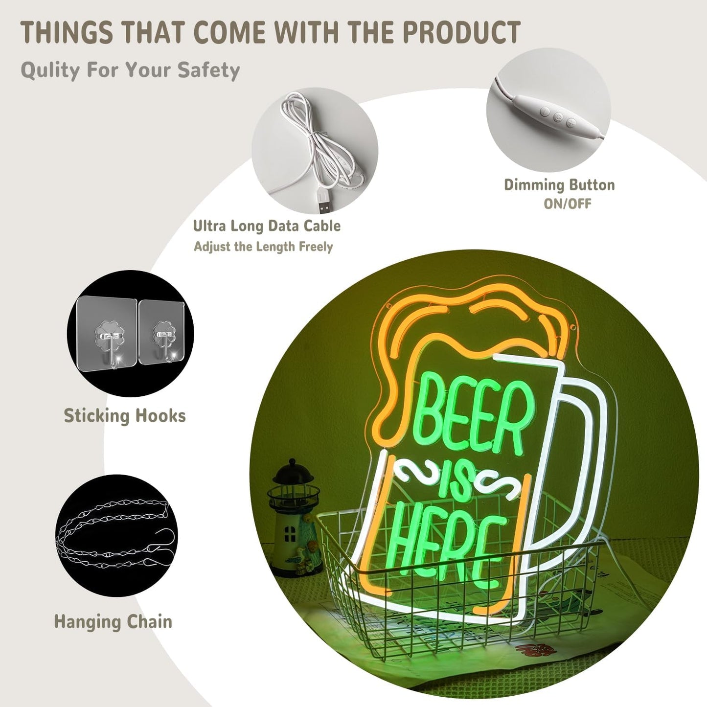 Beer Is Here Neon Sign for Wall Decor Bar Neon Light Beer Led Neon Signs Colorful Led Neon Lights for Bar Kitchen Shop Man Cave Decoration