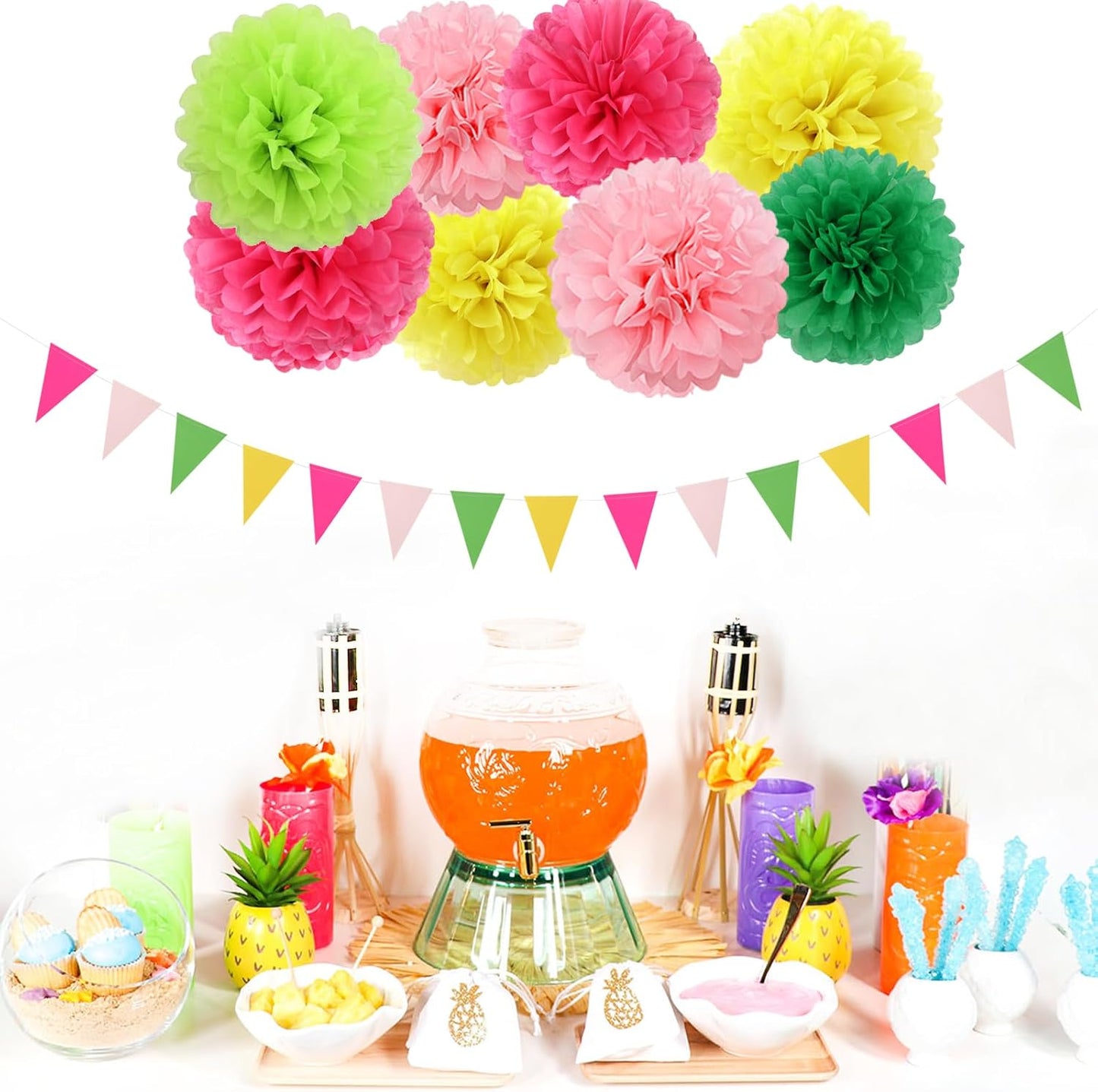 Hawaii Pool Party-Decorations Streamers - 35pcs Tissue Pom Poms,Tropical Jungle Birthday Supplies Bachelorette Tassel Garland Banner,Summer Beach Baby Shower Decor Lasting Surprise