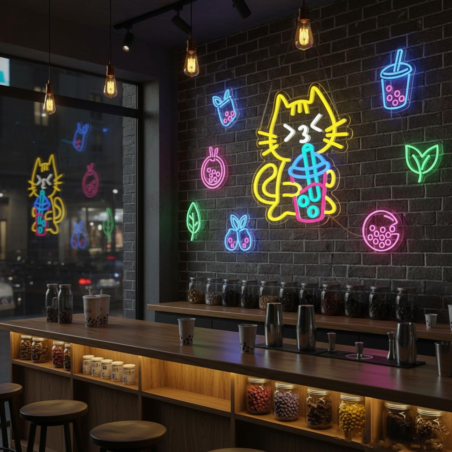 Cat Boba Tea Neon Sign Yellow Cat Led Neon Signs for Wall Decor USB Bubble Tea Neon Light Cute Animal Neon Light Sign for Bedroom Dessert Bar Coffee Shop Kitchen Restaurant Party