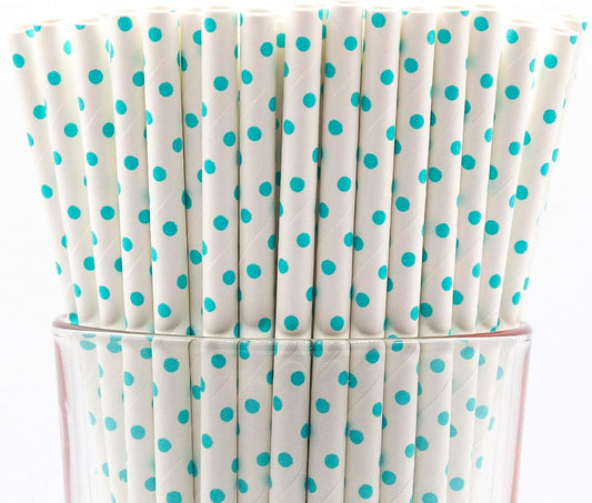Pack of 900 Teal Blue Polka Dot Biodegradable 4-Ply Paper Drinking Straws (Compostable, Non-toxic, BPA-free)