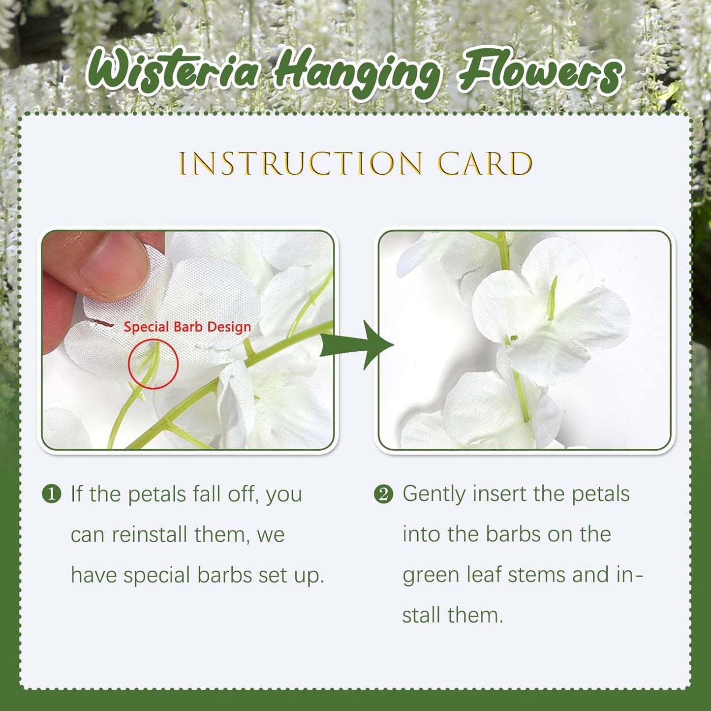 24 Pack Green White Wisteria Hanging Flowers, 3.4 Ft Fake Hanging Flowers, Artificial Wisteria Garland Vines for Wedding Room Backdrop Outdoor Patio Garden Decoration