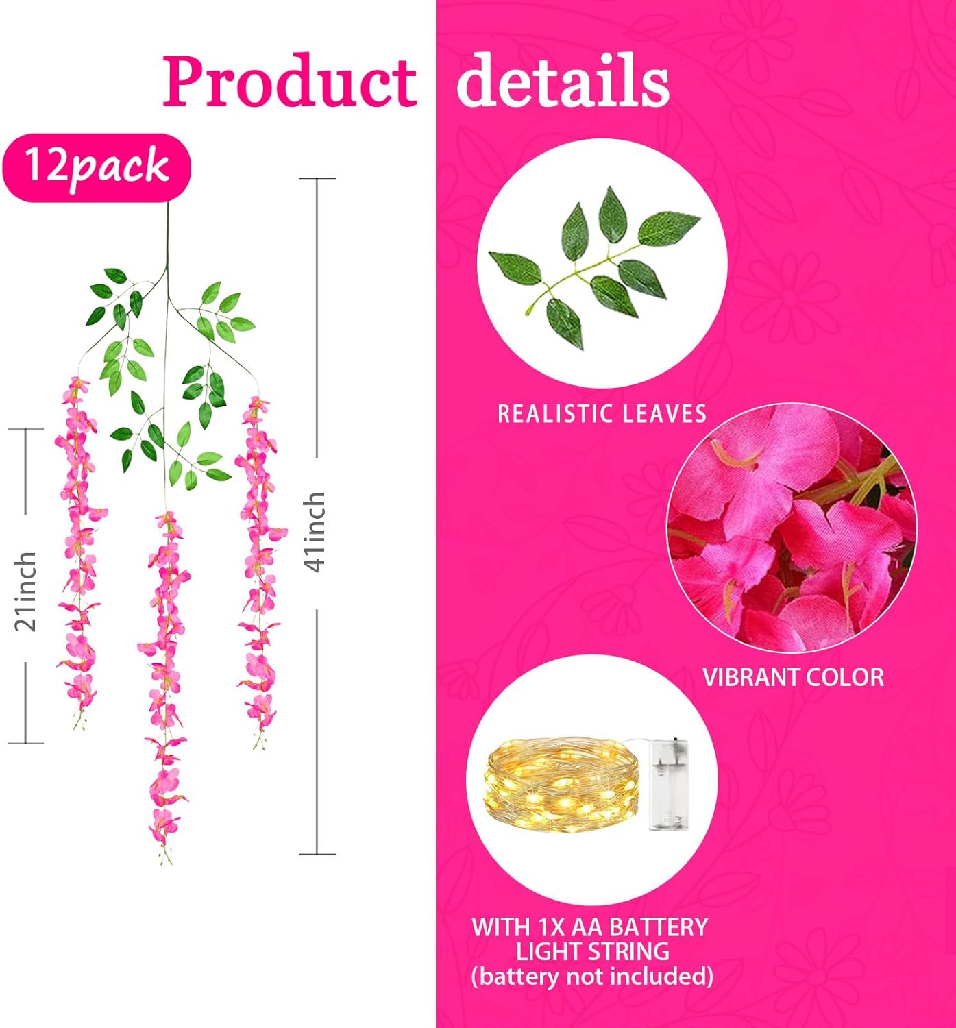 12 Pack Fuchsia Wisteria Hanging Flowers Garland with Lights, 3.44 Feet Artificial Flower Vines, Fake Wisteria, Artificial Vines Hanging Garland for Backdrop Outdoor Patio Garden Decor