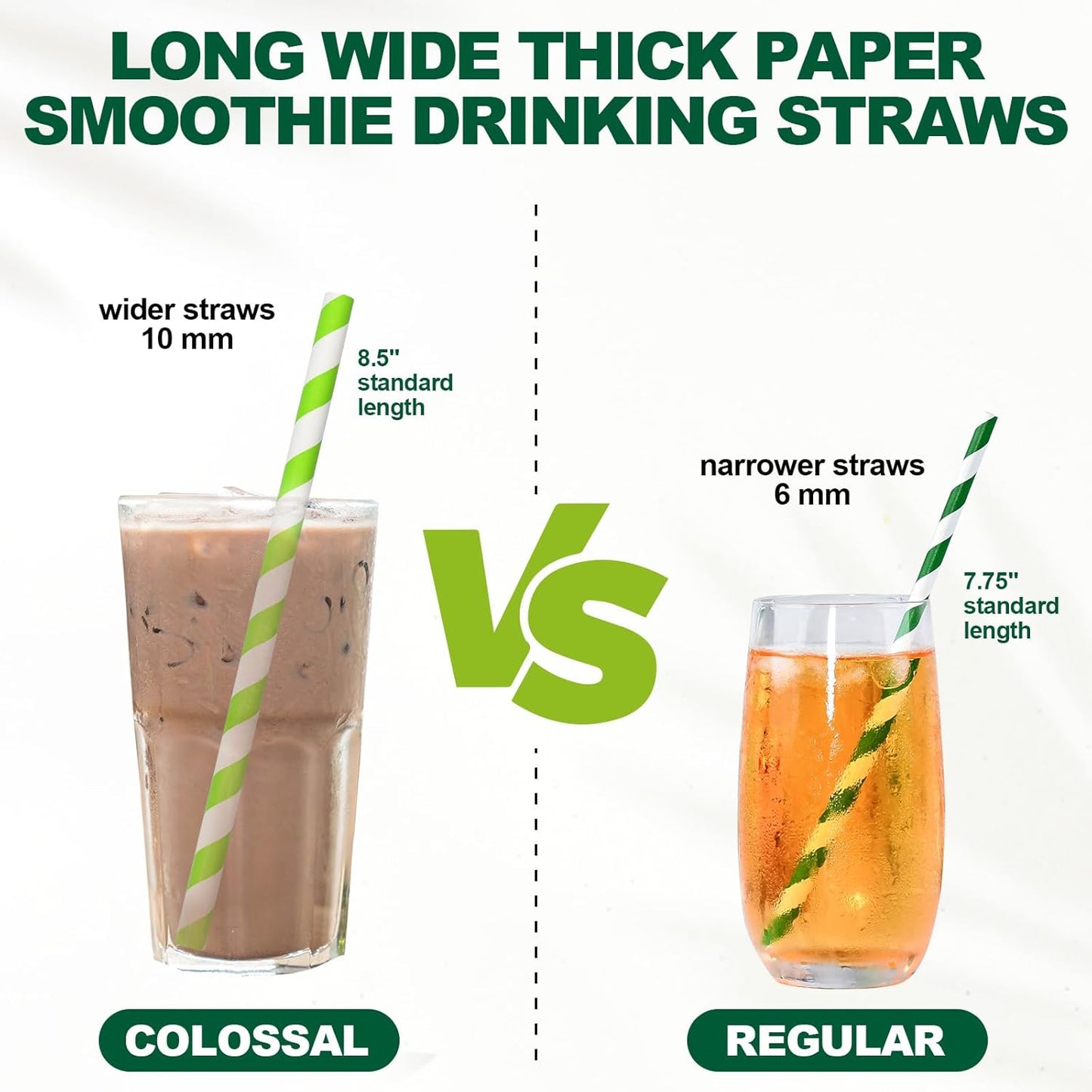 [10mm Wide] 8.5 inch Colossal Paper Straws for Smoothie & Milkshake - Colorful Stripes (Pack of 100)