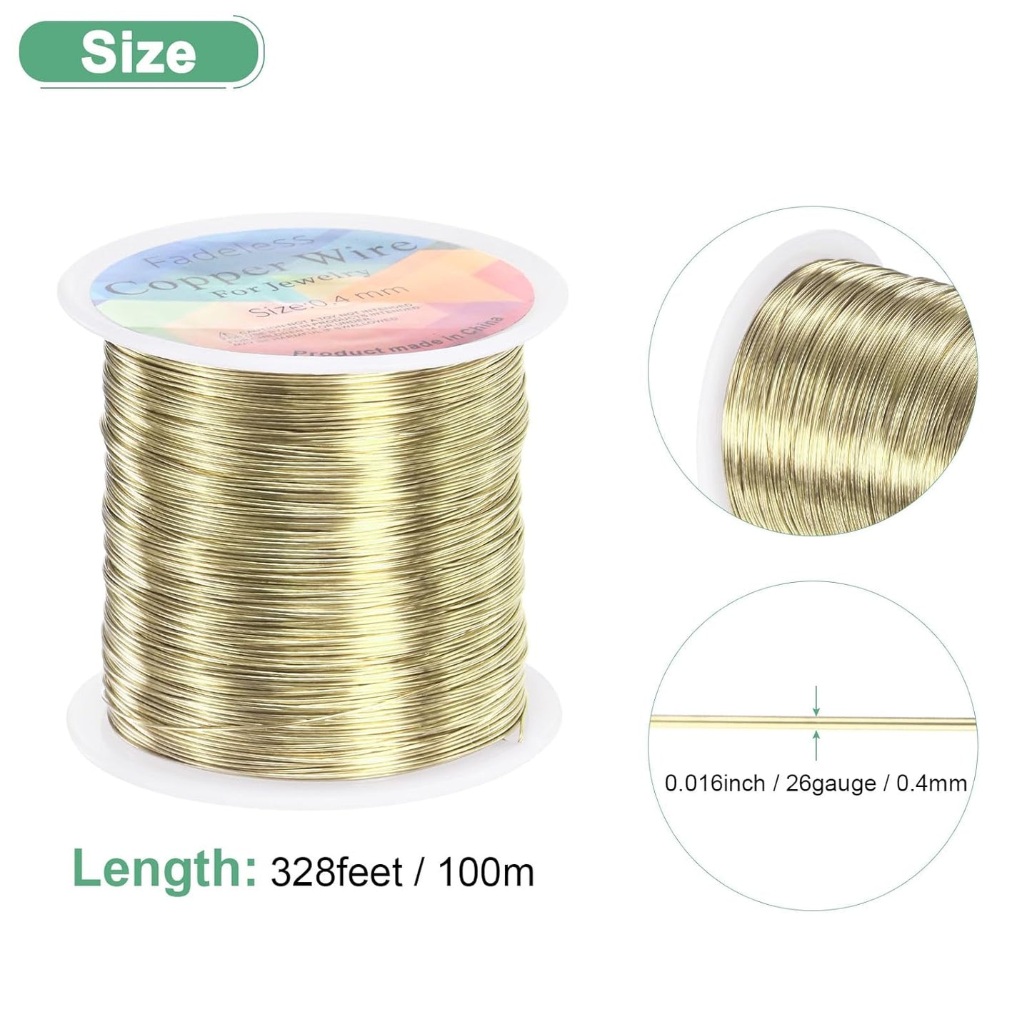 0.4mm Jewelry Wire, 26 Gauge 328FT Craft Wire Copper Beading Wire for Jewelry Making/Planting/Weaving/DIY Crafting, Soft Metal Wires [100M, Light Golden]