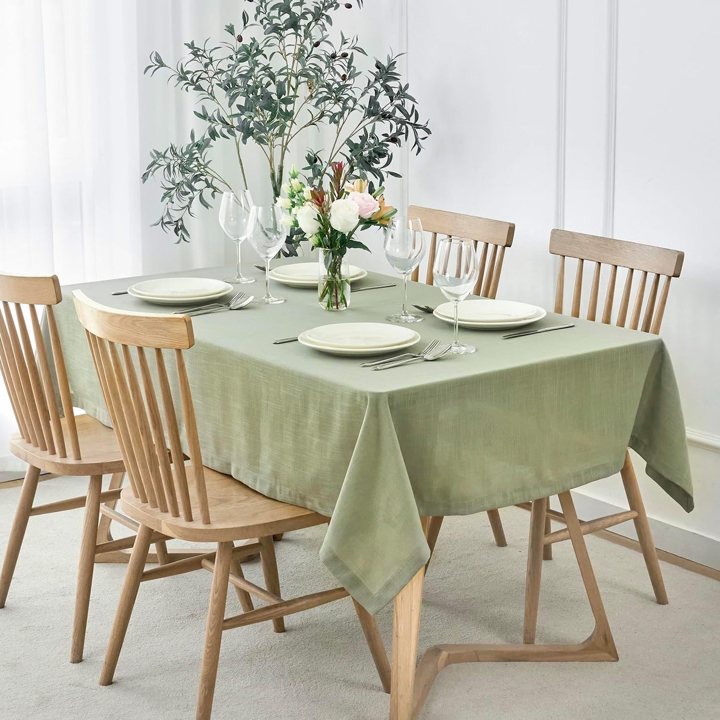 maxmill Lux Faux Linen Table Cloth with Slubby Texture Wrinkle Resistant Anti-Shrink Soft Tablecloth for Kitchen Dining Tabletop for Buffet Banquet Parties Rectangle 60 x 140 Inch Sage Green