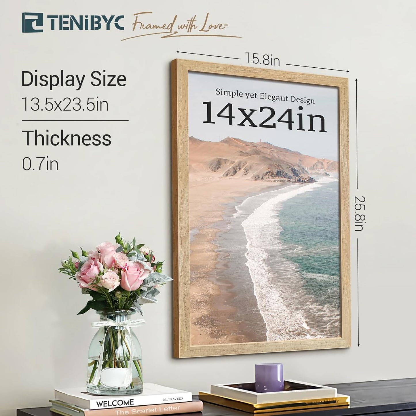 14x24 Poster Frame Set - 4 Pack, Natural Solid Wood, Elegant Wood Grain Picture Frame, Wall Gallery Frame