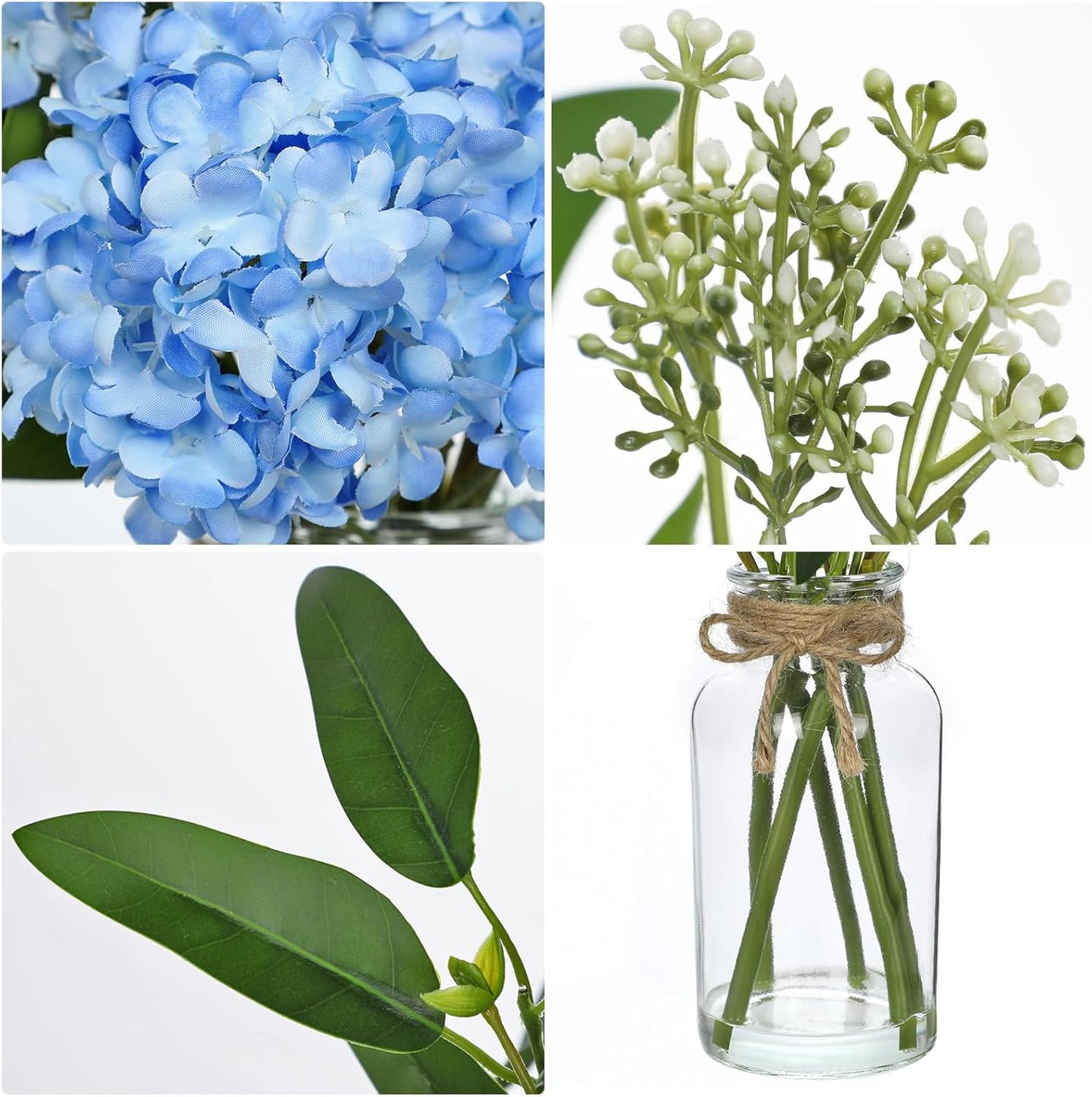 Hollyone Blue Hydrangea Artificial Flowers in Clear Glass Vase with Faux Water Silk Hydrangeas Fake Flowers Floral Arrangement for Home Bathroom Kitchen Office Table Centerpiece Shelf Decorations
