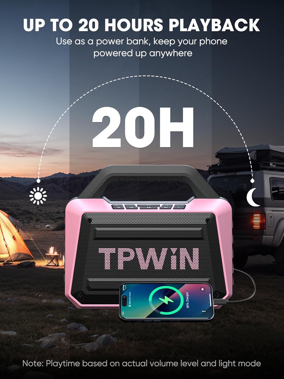 Wireless Bluetooth Speakers - Portable Speaker 80W Peak, 20H Playtime, Light Shows, Loud Speaker with Strong Bass, BT 5.3, TWS, IPX6 Waterproof for Home Travel Outdoor Beach Camping - Pink