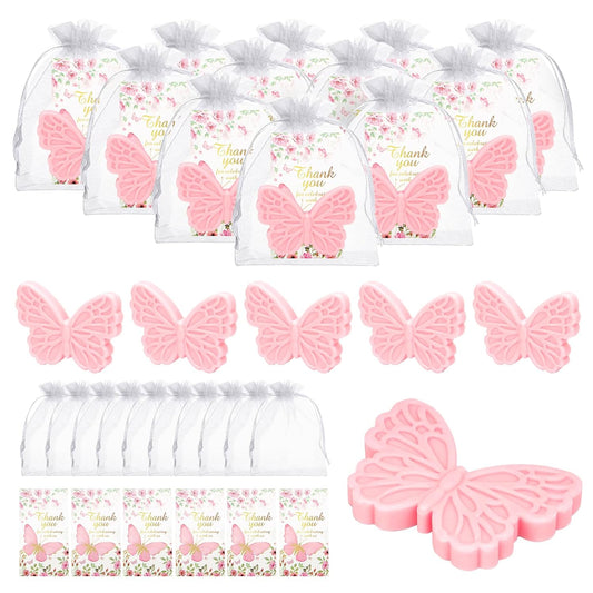 50Sets Butterfly Baby Shower Favors for Guests Butterfly Soap Favors Handmade Scented Soap with Thank You Cards Organza Bags for Gender Reveal Baptism Decorations Wedding Bridal Return Gift(50, Pink)