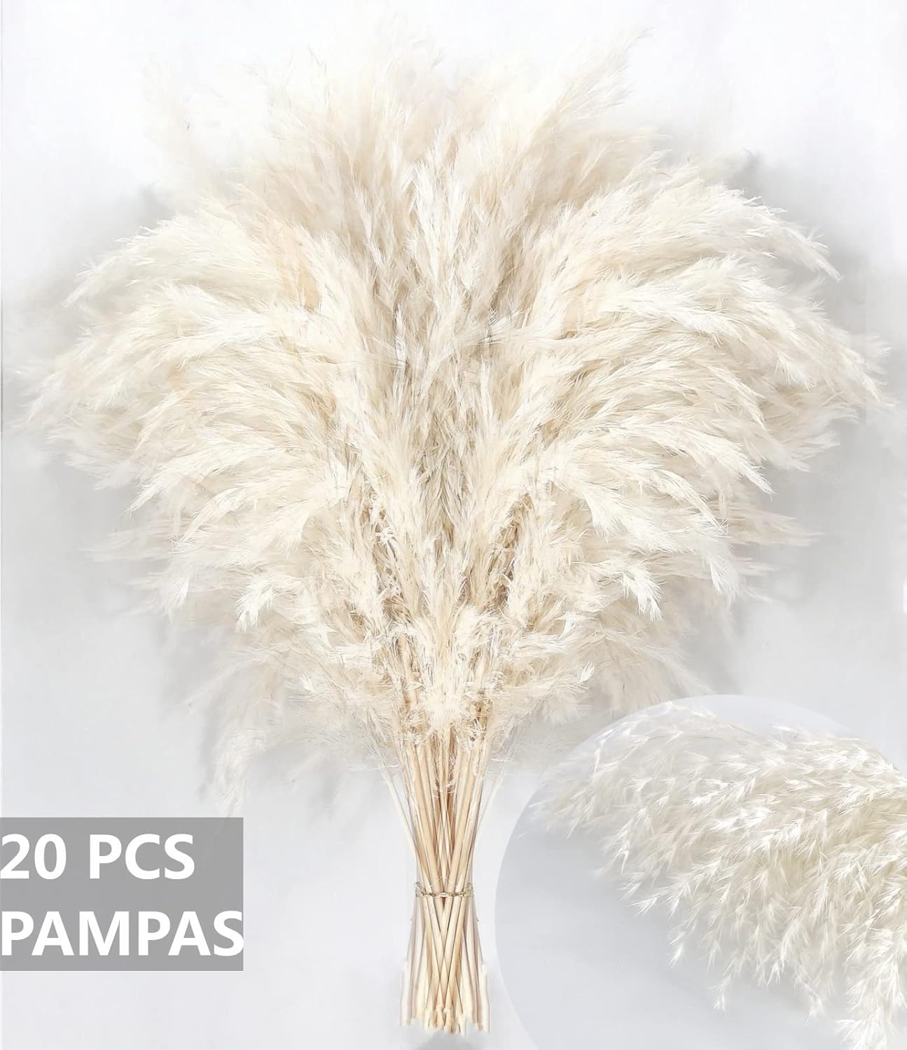 White Pampas Grass for Home Decor - Elegant Boho Decor - Premium Quality Pampas Grass Stems - Perfect for House, Nursery, Western, Wedding, Table, and Bohemian Decor (20PCS)