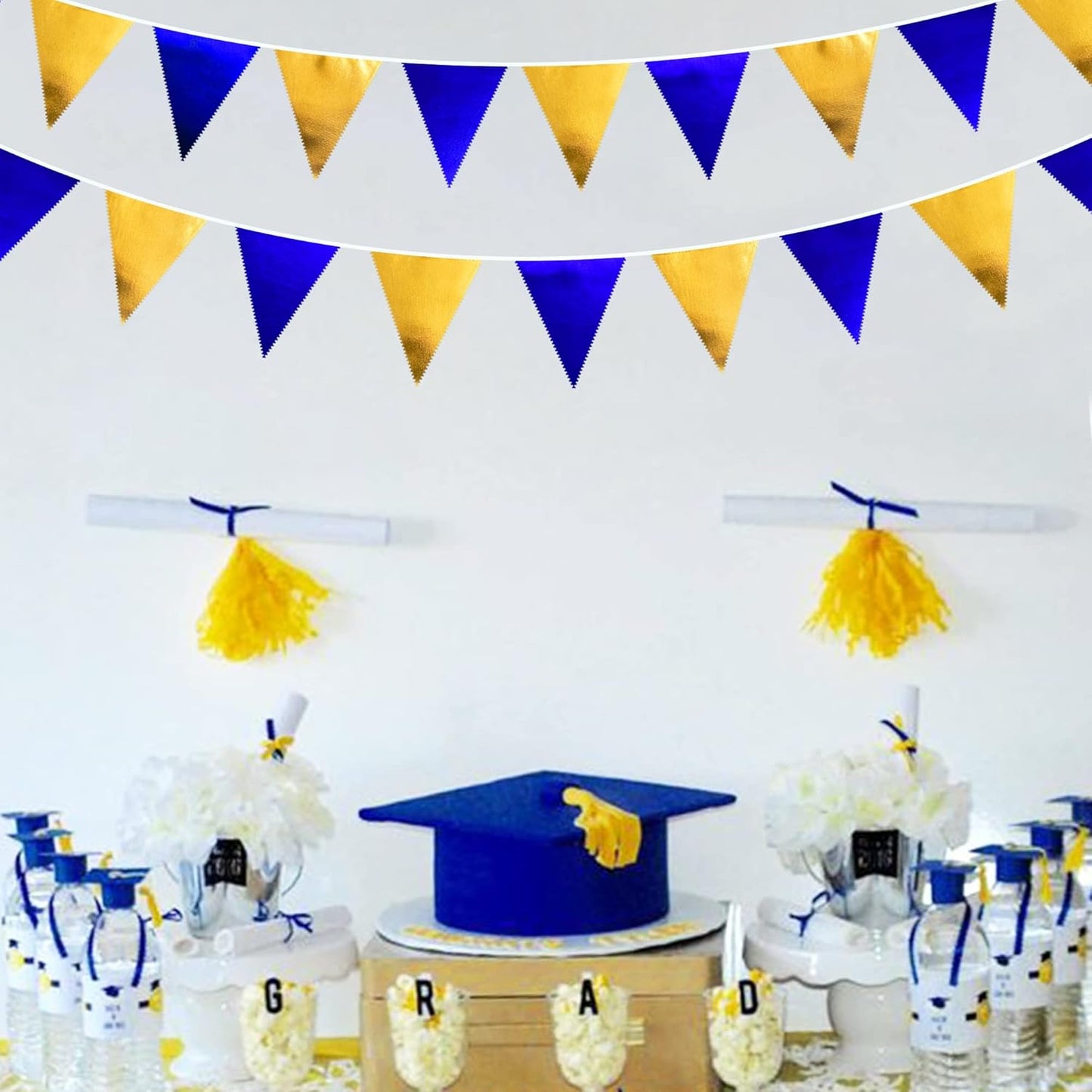 Royal Blue Gold Party Decoration Navy Blue Gold Triangle Pennant Banner Flag Metallic Fabric Bunting Garland for Graduation Birthday Wedding Retirement Bridal Shower Nautical Ahoy Achor Party Supplies