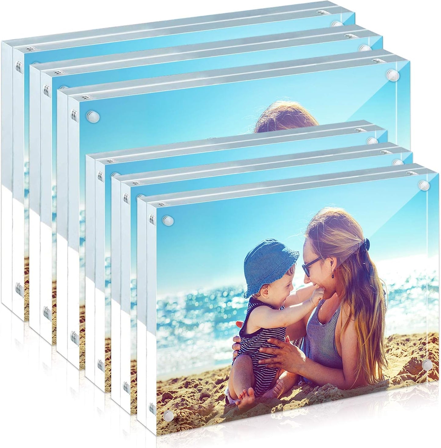 HELPLEX 6 Pack Acrylic Frame, 5x7&4x6 Combinations, 20% Thicker, 20-24mm Thick Acrylic Picture Frames, Frameless Clear Double Sided Magnetic Frame, Free Standing Desktop Display Stand Acrylic Frames