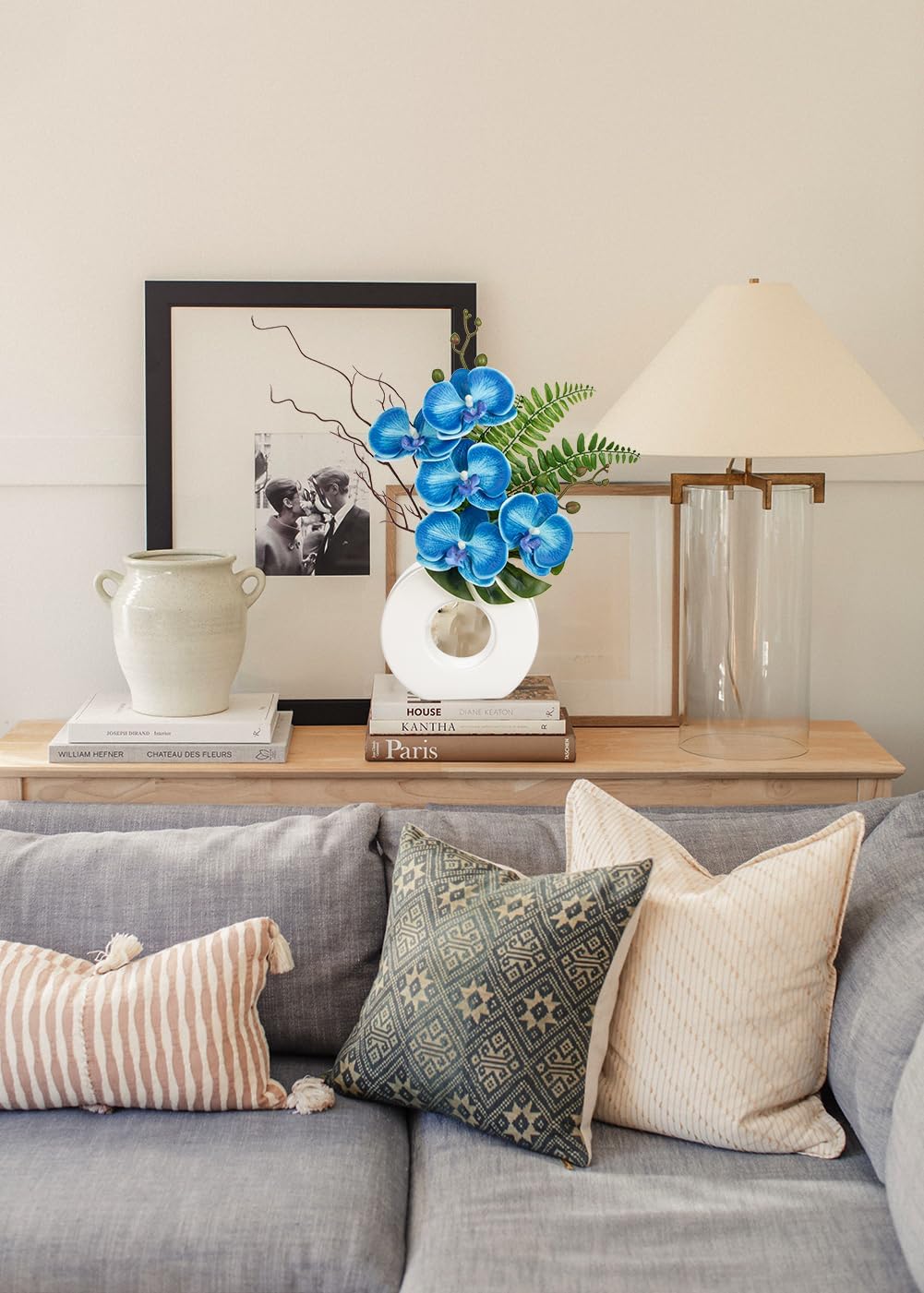 Briful Orchid Fake Flowers 16.1'' Blue Artificial Orchid Silk Flowers with Vase Faux Orchid Arrangement for Home Office Bathroom Desk Modern Decoration