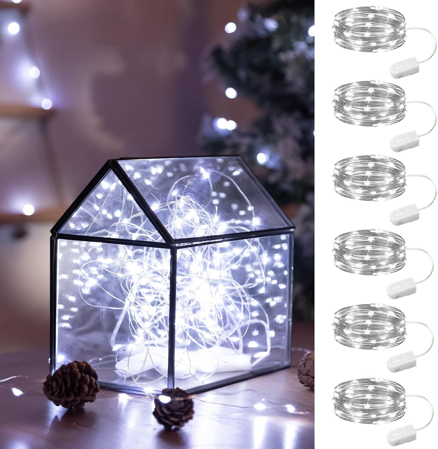 HXWEIYE 6 Pack White Fairy Lights Battery Operated, 7ft 20LED Mini Fairy Mason Jar String Light, Waterproof Firefly Starry Lights for DIY Wedding Party Bedroom Patio Christmas Décor