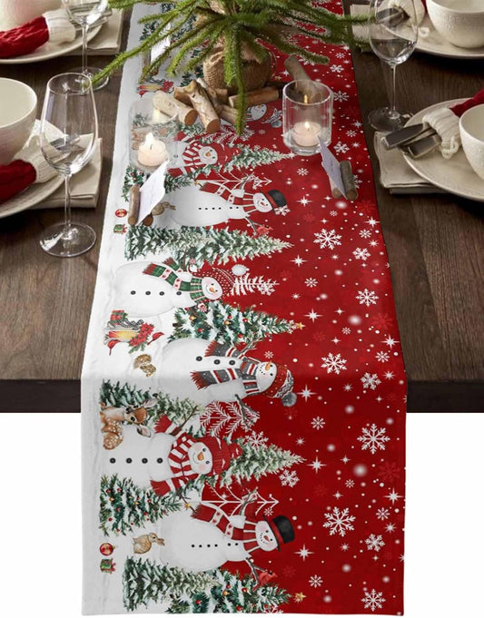 Christmas Snowman Cotton Linen Table Runner for Dining Kitchen, Xmas Tree White Snowflakes Winter Wedding Outdoor Party Tablerunners Decoration, Dresser Scarf Coffee Tablecloth Runners 13x90 Inches