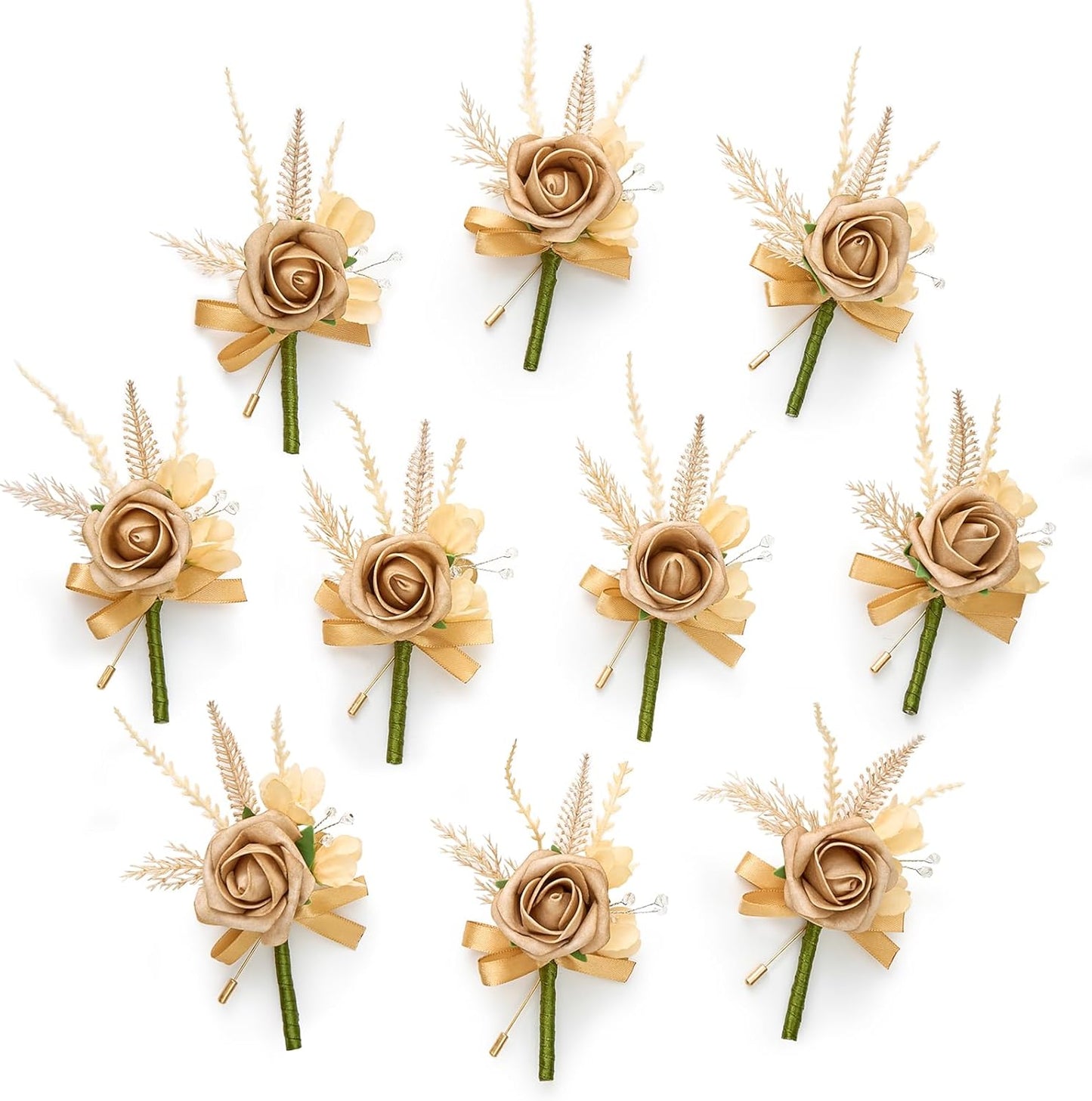Serwalin 10Pcs Boutonniere for Men, Khaki Groom and Best Man Boutonniere, Artificial Flowers for Wedding Decor, Prom, Homecoming, Ceremony Anniversary, Formal Dinner Party