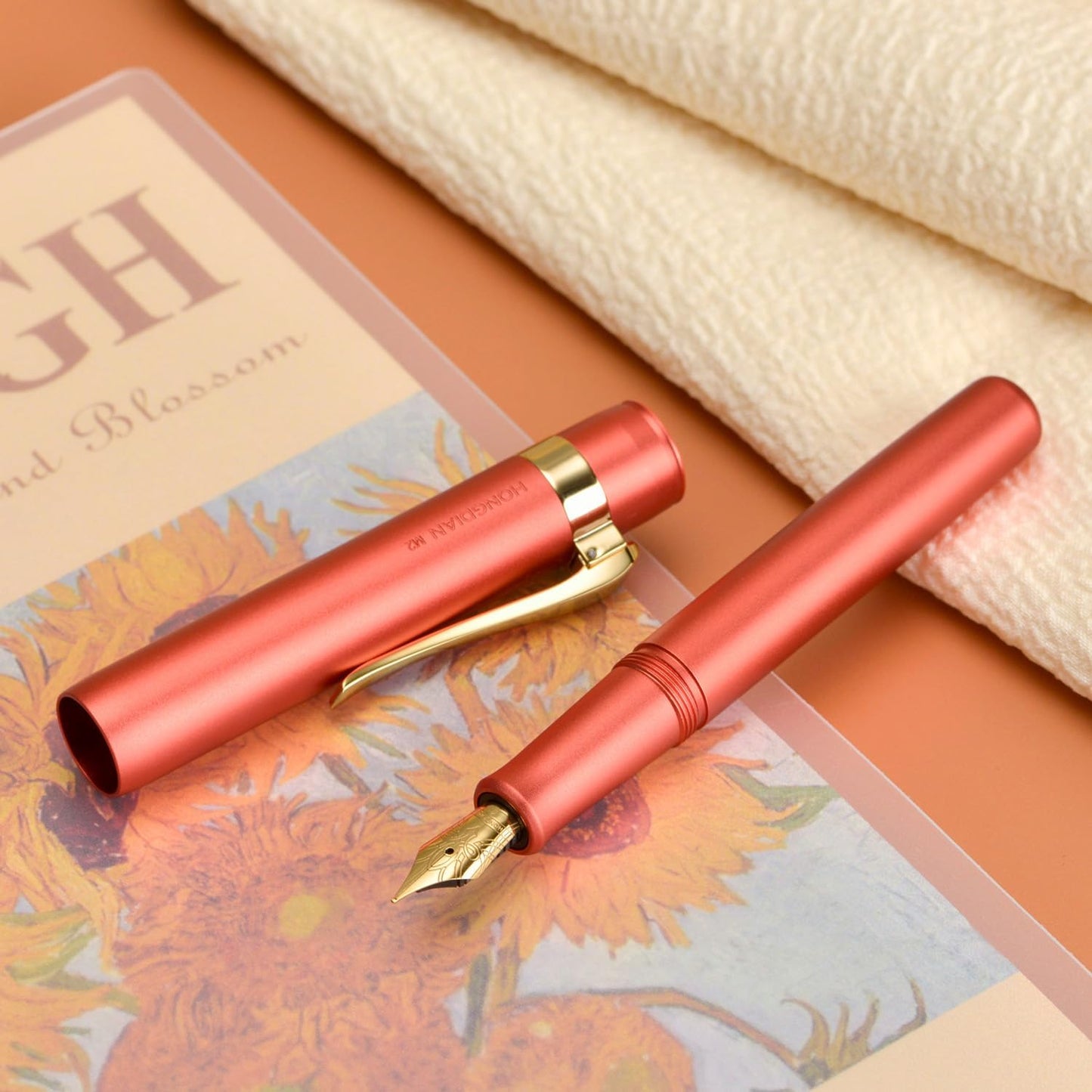 Hongdian M2 Black Forest Mini Fountain Pen, Medium Soft Golden Nib & Sleek Shape Aluminium Short Pocket Travel Pen (Orange Red)