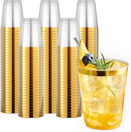 JOLLY CHEF 200 Pack 10 oz Gold Plastic Cups Elegant Gold Rimmed Disposable Cups Heavy-Duty Party Cups for Wedding & Party