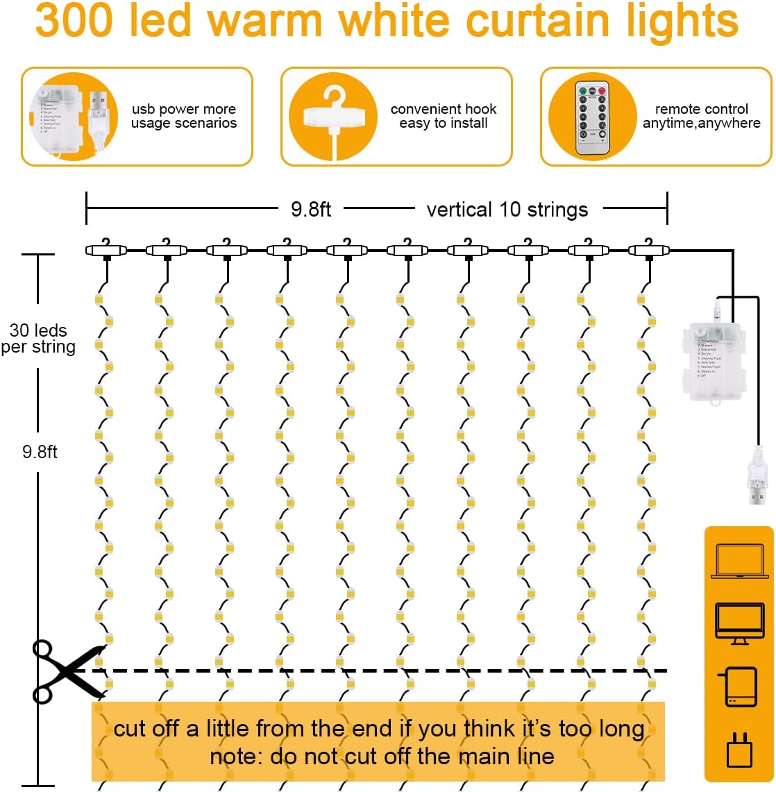 AOMIG Fairy Curtain Lights,300 LED White Window Curtain String Light,8 Modes 9.8×9.8Ft Waterproof Curtain String Light USB&Battery Powered with Remote Contro,String Lights for Indoor,Outdoor