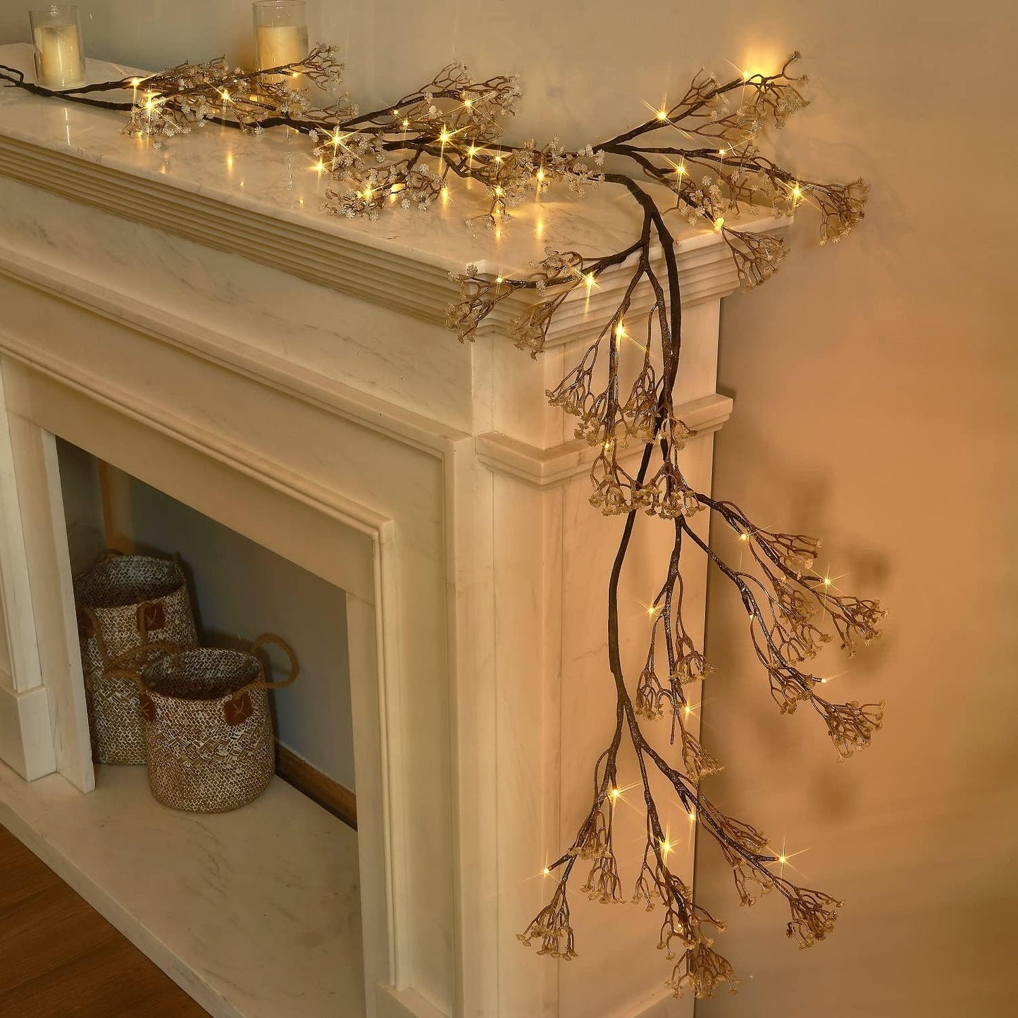 Fudios Lighted Garland Flowers for Mantle with Timer Battery 48 LED 6ft Vine Garlands for Decor with Flowers and Lights for Summer Wedding Party