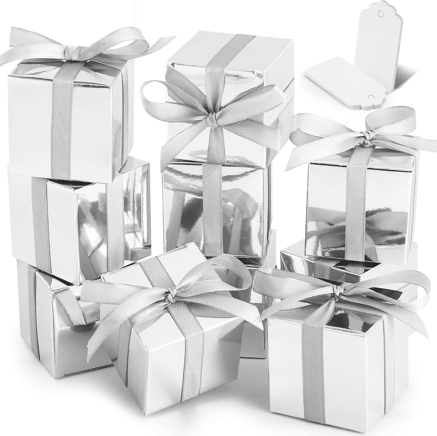 COCPOK 50 Pack Silver Gift Boxes, 2x2x2 inch Gift Box, Small Candy Boxes with Lids and Ribbons, Paper Favor Box for Wedding Bridal Shower Baby Shower Birthday Party
