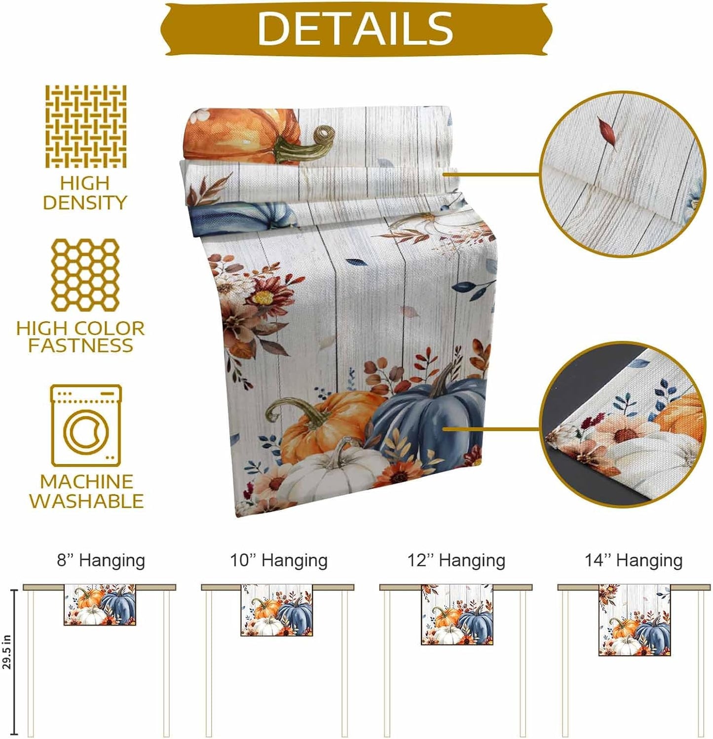 Thanksgiving Fall Cotton Linen Table Runner for Dining Kitchen, Pumpkins Eucalyptus Wedding Outdoor Party Tablerunners Decoration, Farmhouse Wooden Dresser Scarf Coffee Tablecloth Runners 13x72 Inches