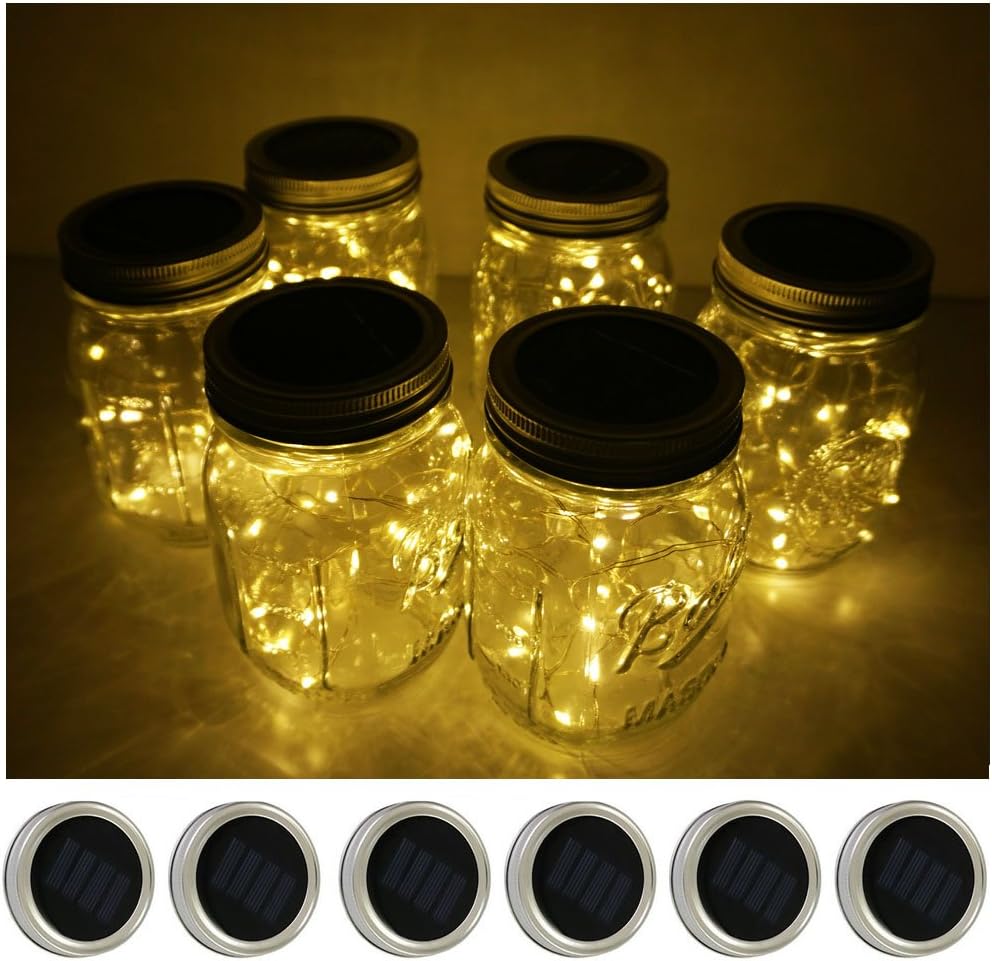 Decorman Solar Mason Jar Lid Lights, 6 Pack 20 LED Waterproof String Fairy Star Firefly Jar Lids Lights for Patio Garden Yard Lawn Party Wedding Christmas Decoration(Jars & Hangers Not Included)