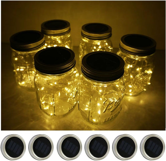 Decorman Solar Mason Jar Lid Lights, 6 Pack 20 LED Waterproof String Fairy Star Firefly Jar Lids Lights for Patio Garden Yard Lawn Party Wedding Christmas Decoration(Jars & Hangers Not Included)