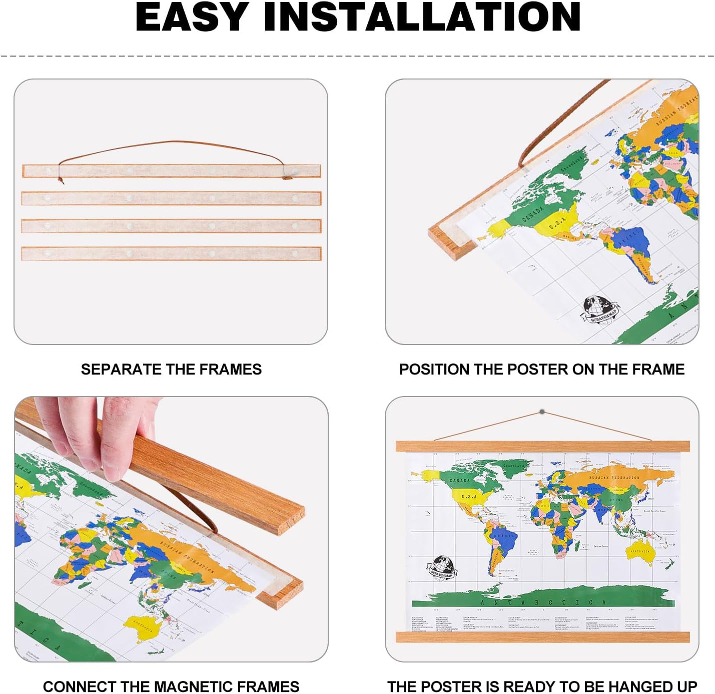 Magnetic Poster Hanger, 37x28 37x40 37x25 Poster Frame Wood Wooden Magnet Print Posters Dowel Scroll Hanger Hangers Hanging Kit for Walls Map Canvas Artwork (Teak Wood, 37")