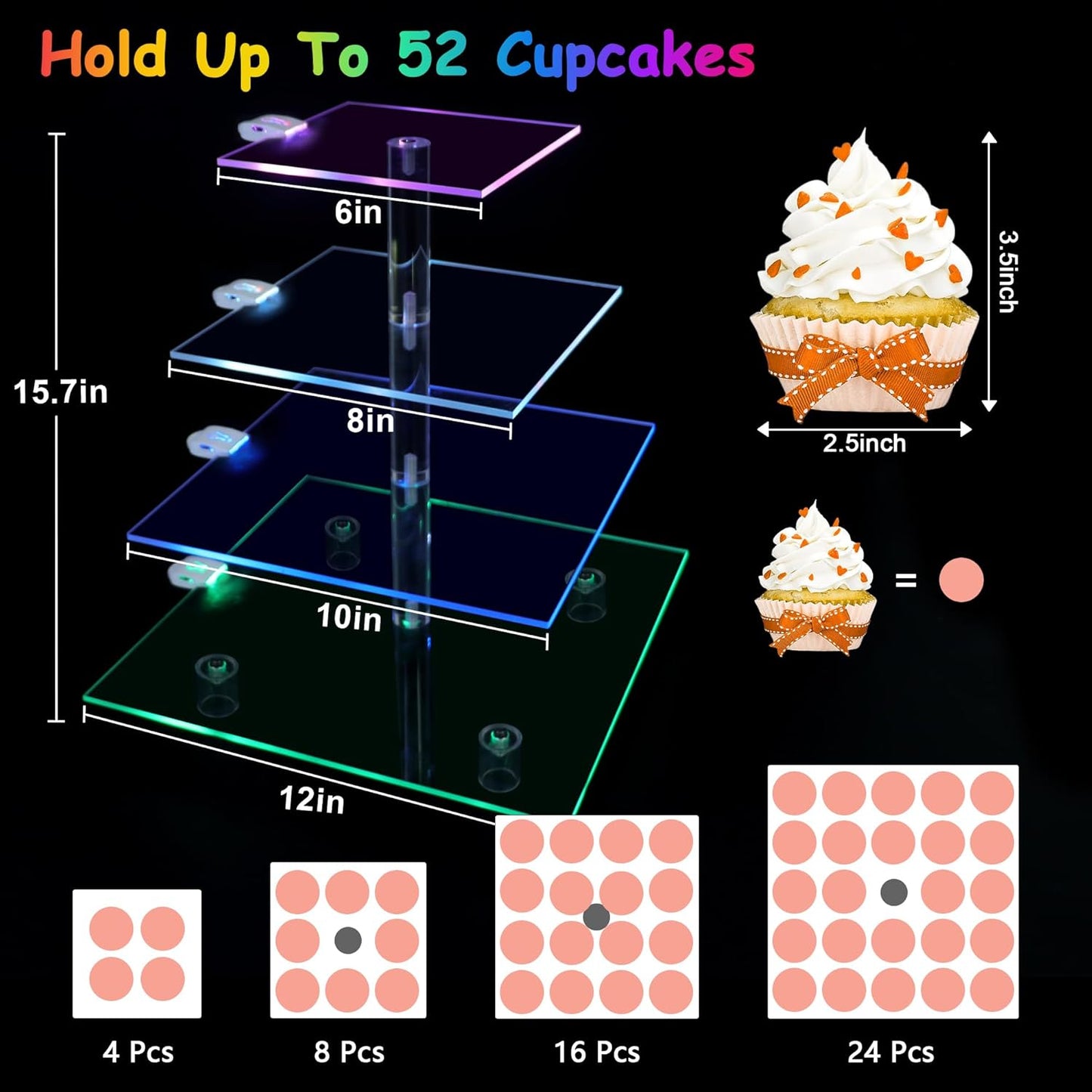 Rechargeable LED Cupcake Stand for 50 Cupcakes, 7 Colors Light Clear Cupcake Holder, 4 Tier Cupcake Tower, Acrylic Dessert Table Display Set for Weddings, Christmas, Birthday, Parties