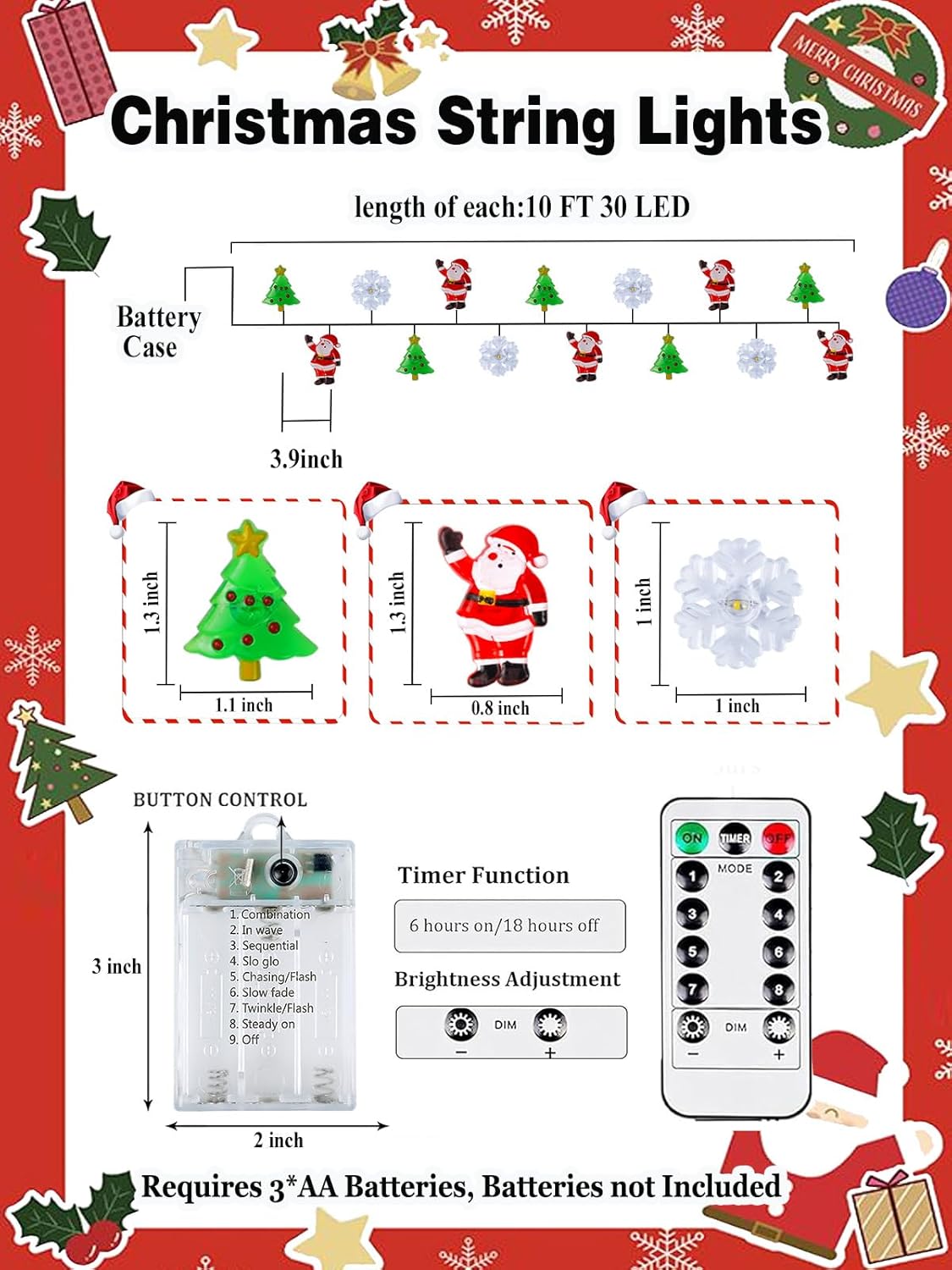 Christmas String Lights Decoration, 10ft 30LED Christmas Tree Santa Snowflake Fairy Lights Battery Operated with Remote, 8 Modes & Timer, Twinkle Light for Xmas Tree Party Indoor Outdoor Decoration