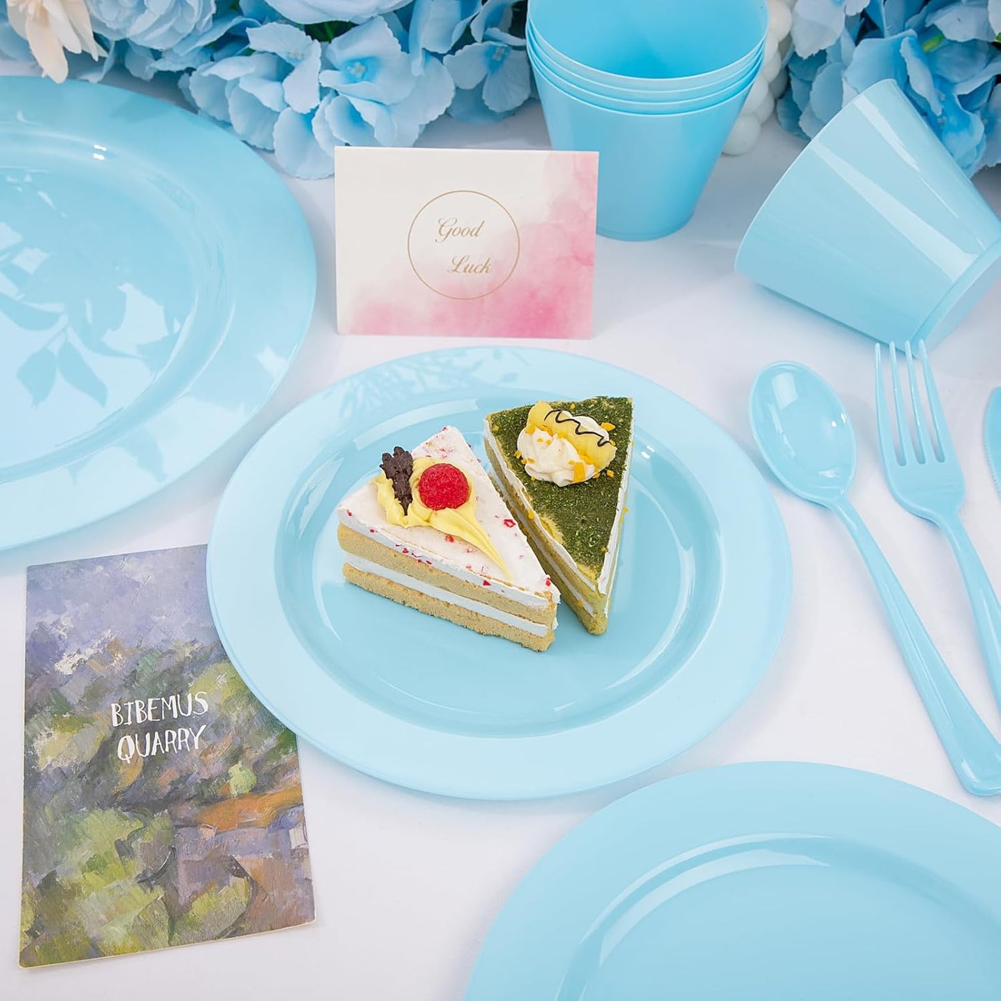 KIRE 150 Piece Blue Plastic Plates Disposable - Blue Dinnerware Set Includes 25 Dinner Plates, 25 Salad Plates, 25 Utensils Set 25 Clear Cups for Birthday/Picnic/Baby Shower