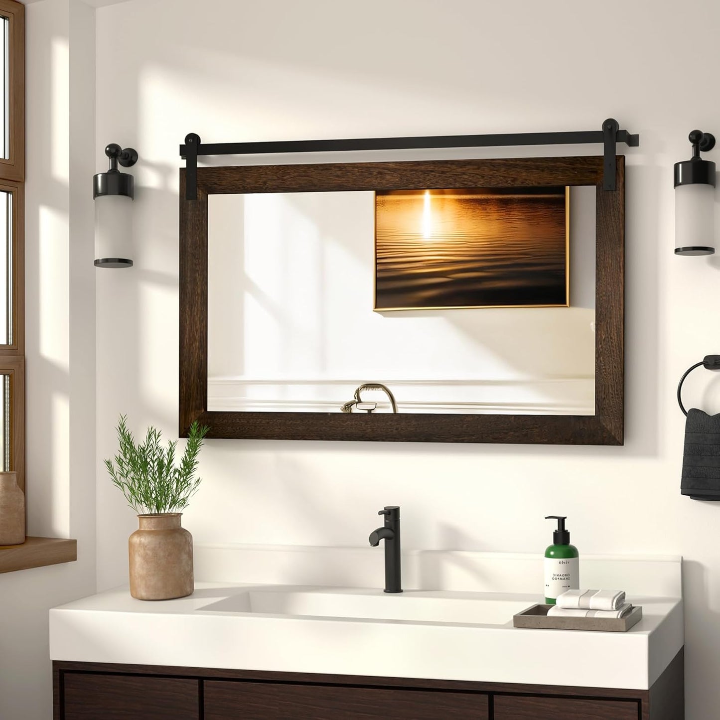 COGOOD Farmhouse Barn Door Mirror - 41 x 26 Rustic Wood Framed Wall Mirror for Bathroom, Living Room, Entryway Wall Decor (Black Brown)