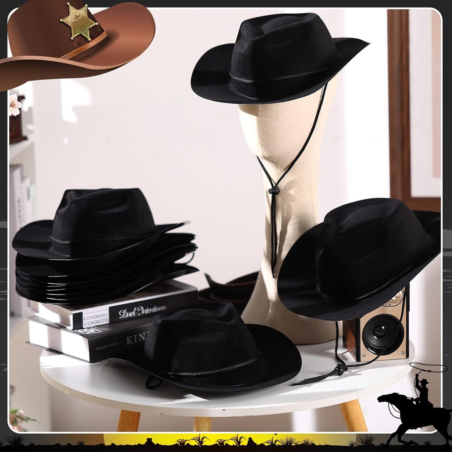 Mepase 24 Pieces Disposable Plastic Western Cowboy Hat Set Felt Wide Brimmed Cowgirl Hats for Men Women Costume Party(Black)