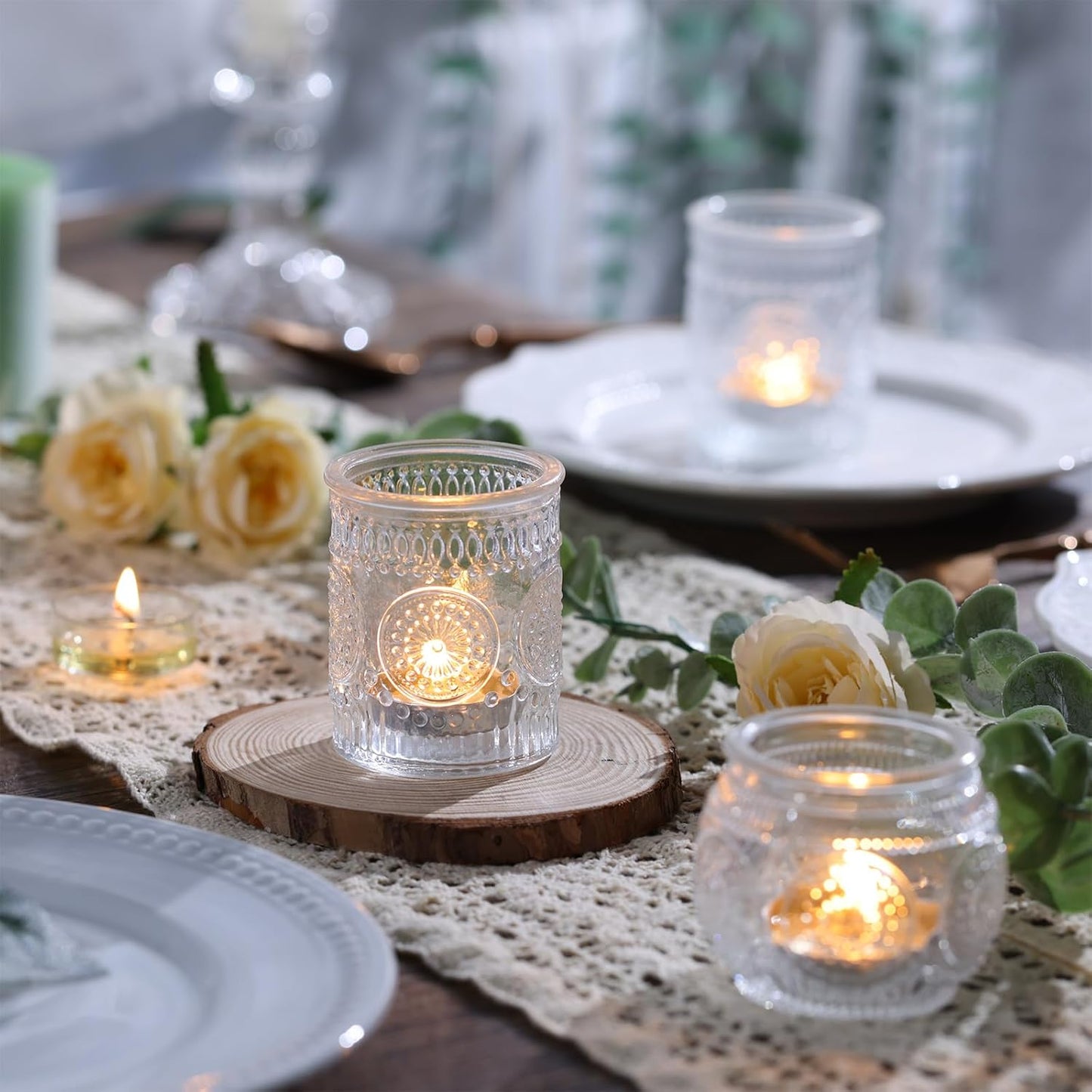 DARJEN 12Pcs Clear Votive Candle Holders - Glass Tea Light Candle Holder, Clear Votives, Embossed Candle Votives for Wedding Centerpiece & Home Decoration